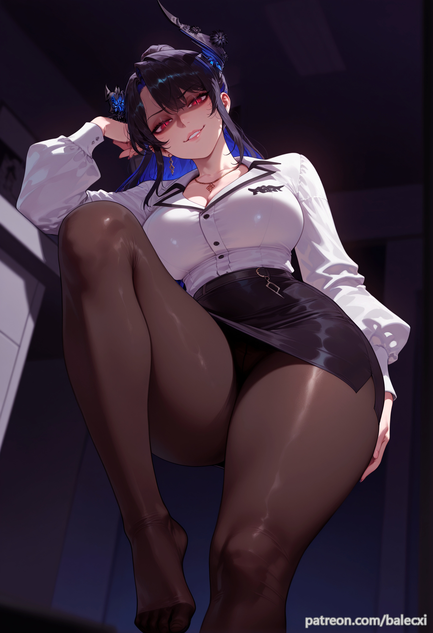 1girls, ai generated, balecxi, black hair, black skirt, blue hair, breasts, colored inner hair, demon horns, feet, female, foot out of frame, from below, hololive, hololive english, hololive english -advent-, jewelry, large breasts, legs, long hair, long sleeves, looking at viewer, mole, mole under eye, nerissa ravencroft, no shoes, office lady, pantyhose, patreon username, pencil skirt, red eyes, shaded face, skirt, smile, solo, thighs, toes, upskirt, virtual youtuber, white shirt