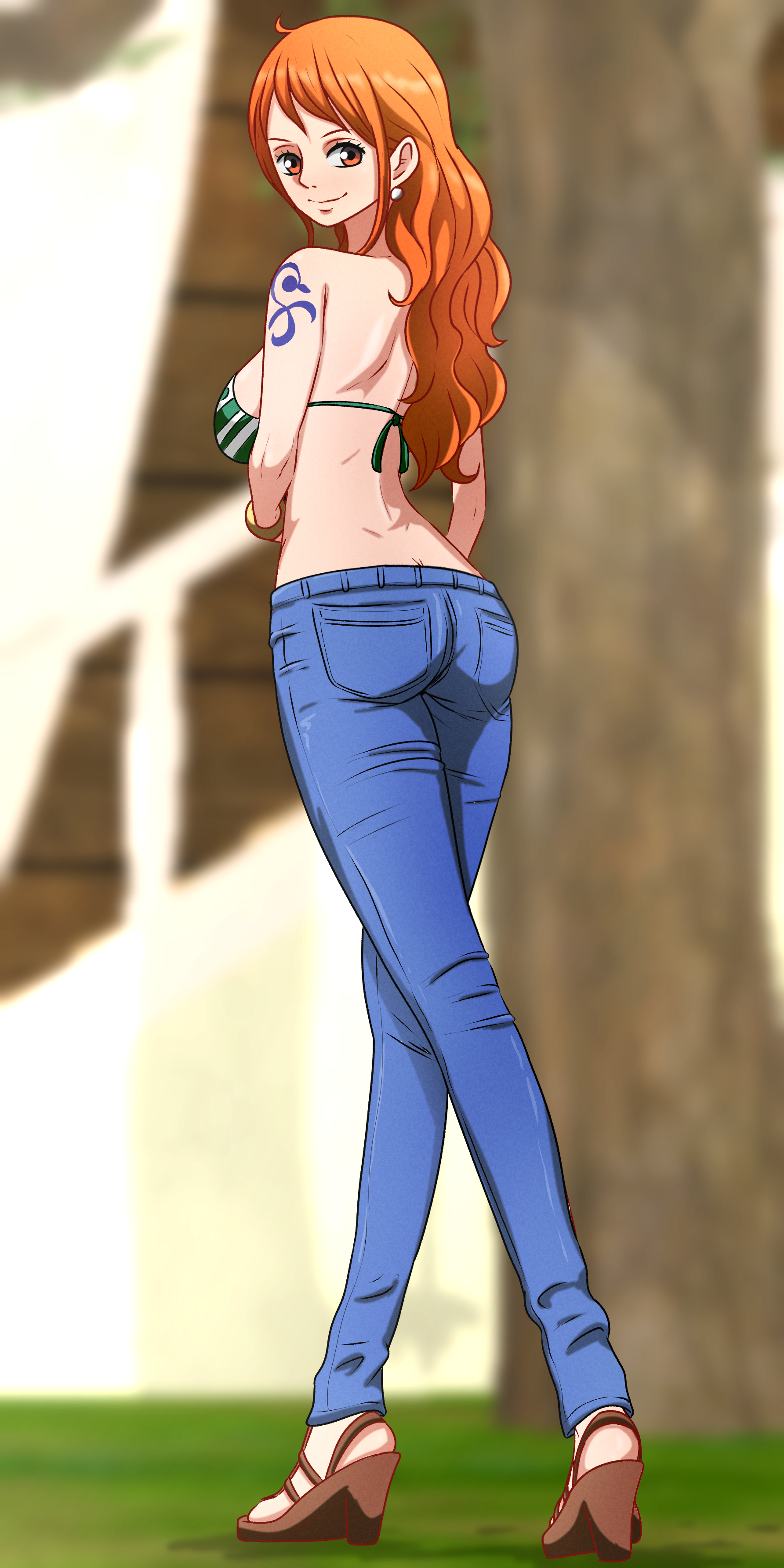 1girls, arm tattoo, ass, blue tattoo, clothing, female, female focus, female only, from behind, light skin, light-skinned female, long hair, looking at viewer, median furrow, nami (one piece), noxdsa, one piece, orange hair, orange-haired female, solo, solo female, solo focus, tattoo