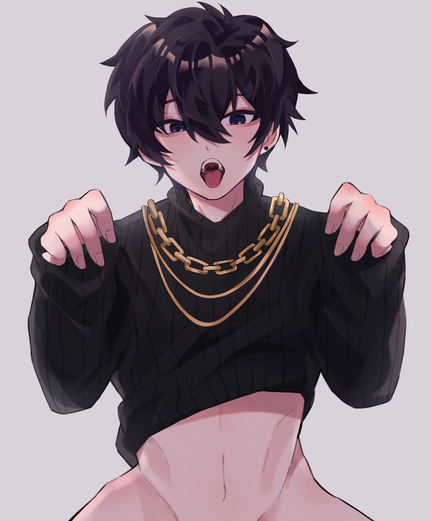 1boy, chains, femboy, fit, looking at viewer, male, no panties, pose, short hair, shoto, shoto (vtuber), shxtou, tongue, tongue out, virtual youtuber