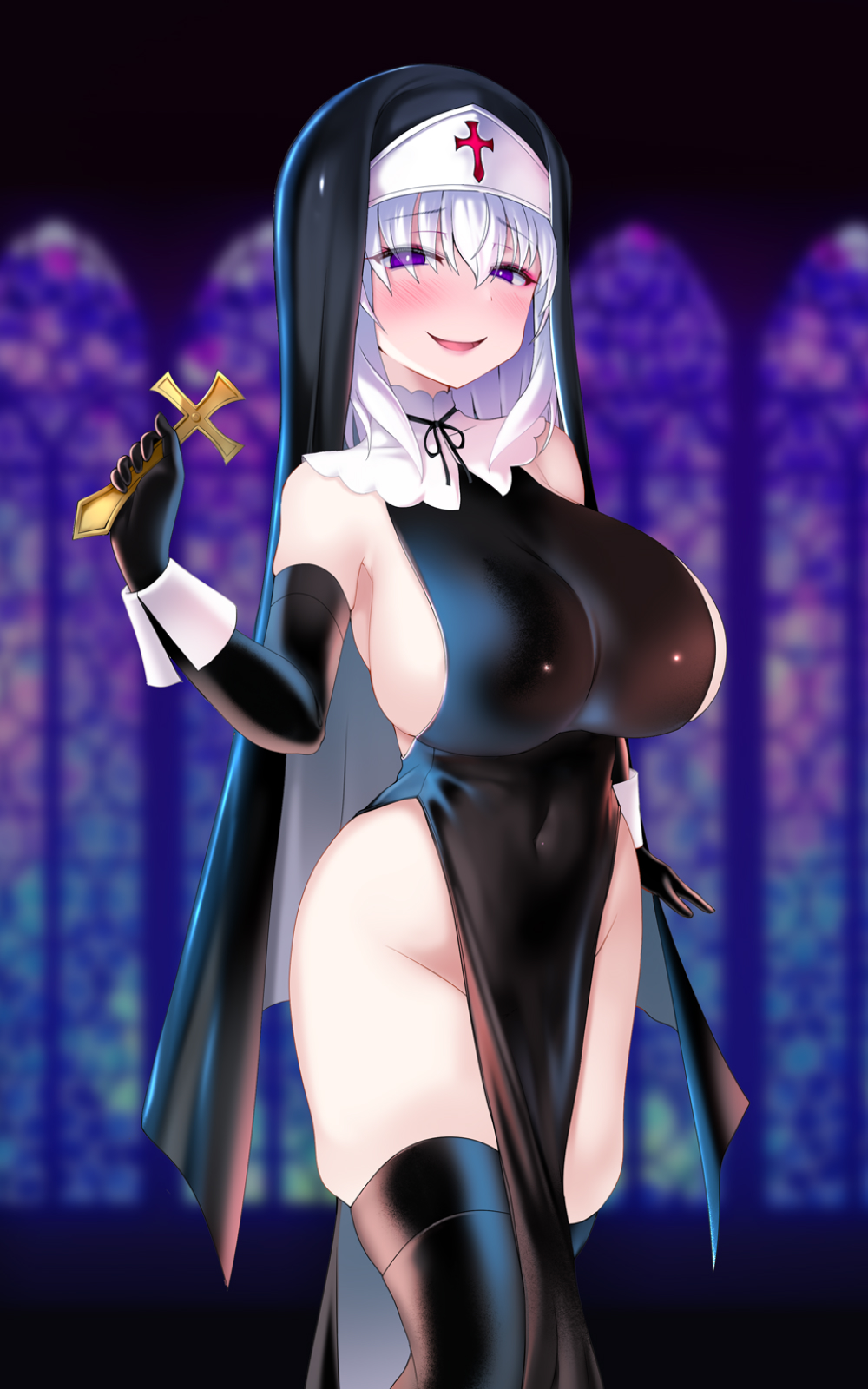 1girls belly_button belly_button_visible_through_clothing blush breasts clothed cross female female_focus gloves large_breasts navel navel_visible_through_clothes nun nun_outfit nun_veil okuri_banto original original_character purple_eyes revealing_clothes side_boob sideboob smile solo solo_focus stained_glass thighhighs thighs veil white_hair