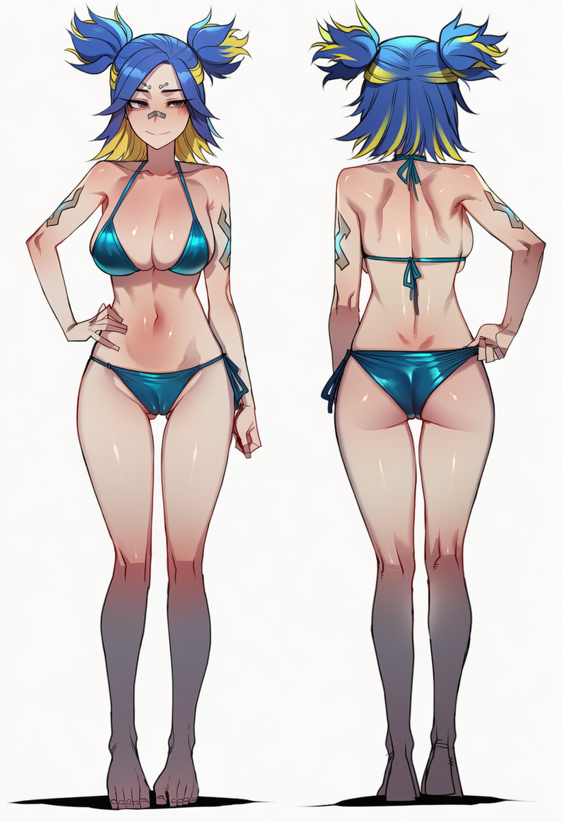 1girls, ai generated, back, back muscles, back view, big breasts, bikini, blue hair, breasts, female, filipina, filipino female, front view, midriff, muscles, neon (valorant), pulling panties, smile, swimsuit, teasing, unknown artist, valorant