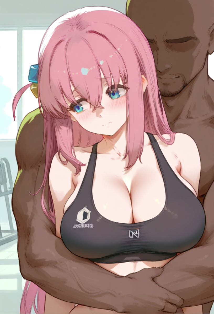 1boy 1girls ai_generated arms_around_waist averting_eyes blue_eyes blush bocchi_the_rock! cleavage dark-skinned_male dark_skin embarrassed faceless_male facing_viewer female gotou_hitori gym hug hug_from_behind indoors interracial large_breasts light-skinned_female light_skin looking_to_the_side muscular_male pink_hair sad shy smile sports_bra straight stubble