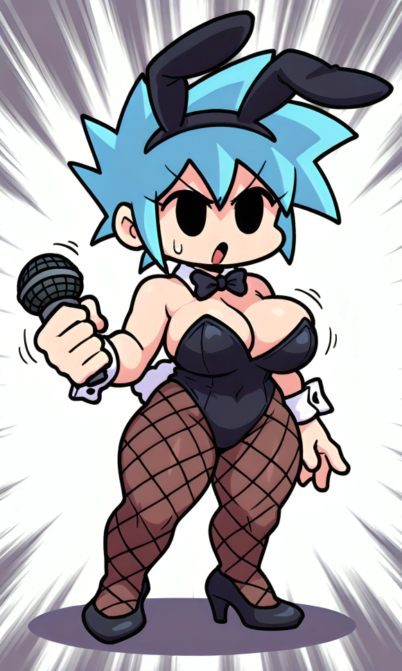 1girl 5_fingers :o ai_generated big_breasts black_bowtie black_bunny_ears black_bunnysuit black_eyes black_heels blue_hair boyfriend_(friday_night_funkin) bunny_ears bunny_tail bunnysuit curvy female female_boyfriend_(friday_night_funkin) fishnet fishnet_pantyhose friday_night_funkin genderswap_(mtf) heels holding_microphone holding_object microphone multicolored_background pixai rule_63 short_hair shortstack solo spiky_hair sweat wrist_cuffs