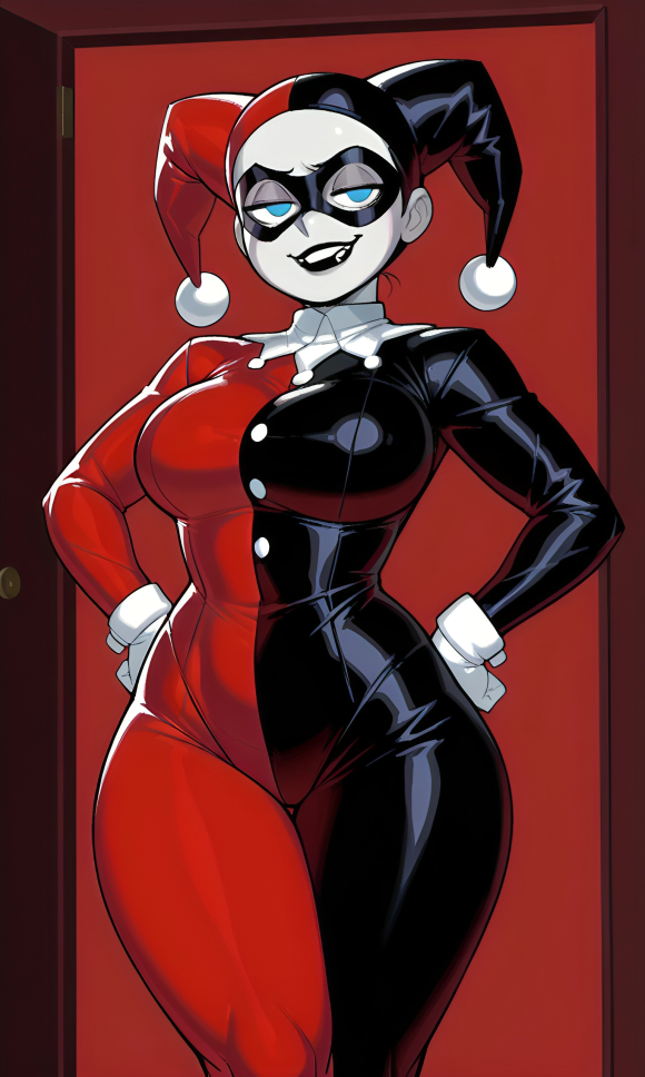 ai_generated big_breasts black_lipstick blue_eyes clothed costume curvy dc facemask female hands_on_hips harley_quinn harley_quinn_(classic) jester jester_cap jester_costume jester_girl jester_hat jester_outfit painted_face pixai red_background smug solo thick_thighs tight_clothing white_paint