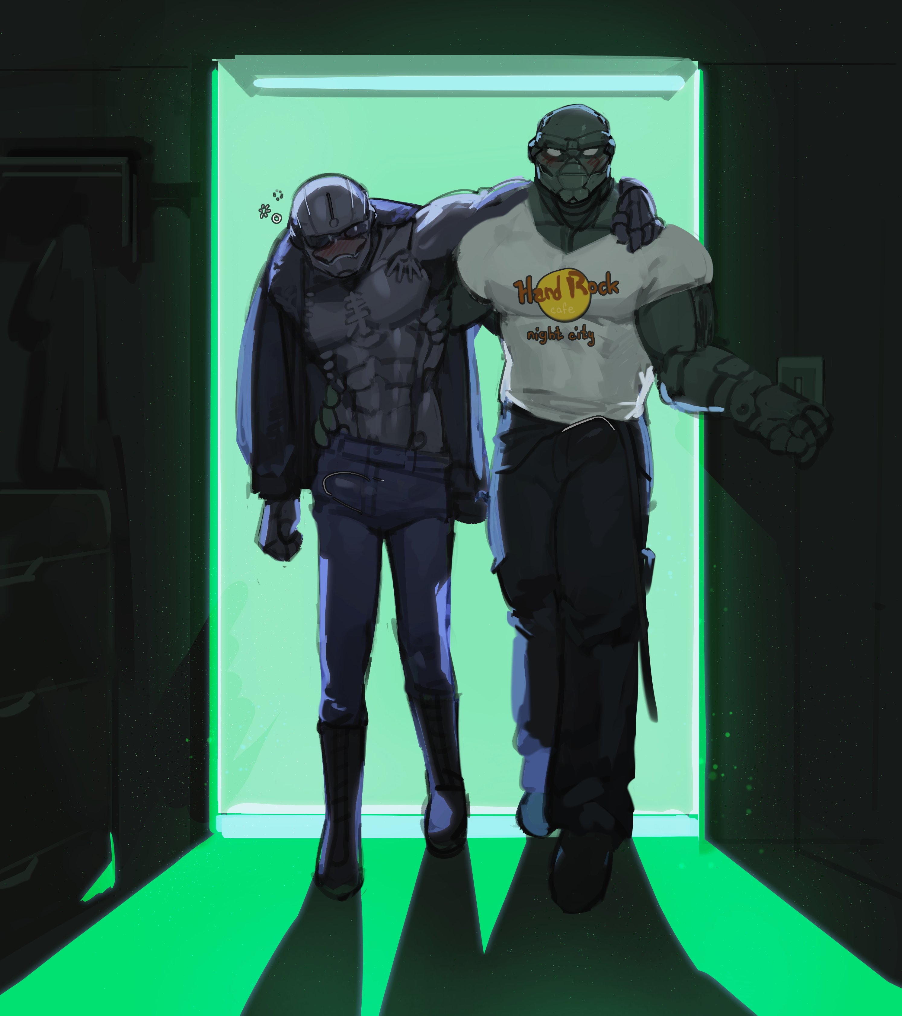 2025, abs, absurd res, adam smasher, after sex, android, arm around shoulders, arm around waist, backlighting, bald, biceps, big bulge, biped, black boots, black bottomwear, black clothing, black eyes, black footwear, black jacket, black pants, black topwear, blue bottomwear, blue clothing, blue jeans, blue pants, blush, blush lines, boots, bottomwear, bubble, bulge, clothed, clothed humanoid, clothed male, clothing, cyberpunk (ttrpg), denim, denim bottomwear, denim clothing, drunk, drunk bubble, duo, empty eyes, erection, erection under clothing, featureless chest, footwear, full body conversion, gay, gay male, grey body, hand on shoulder, hand on side, hard rock cafe, hi res, humanoid, humanoid on humanoid, iec wingman, jacket, jeans, kogito, leather, leather clothing, leather jacket, leather topwear, light, lighting, lightswitch, long sleeves, machine, male, male/male, metallic body, not furry, noveltech samson, open clothing, open jacket, open topwear, pants, pecs, plantigrade, red text, robot, robot humanoid, shaded, shadow, shirt, shirtless, shirtless humanoid, shirtless male, shoes, short sleeves, substance intoxication, t-shirt, text, text on clothing, text on shirt, text on topwear, tight clothing, topwear, walking, white clothing, white eyes, white shirt, white t-shirt, white topwear, yaoi