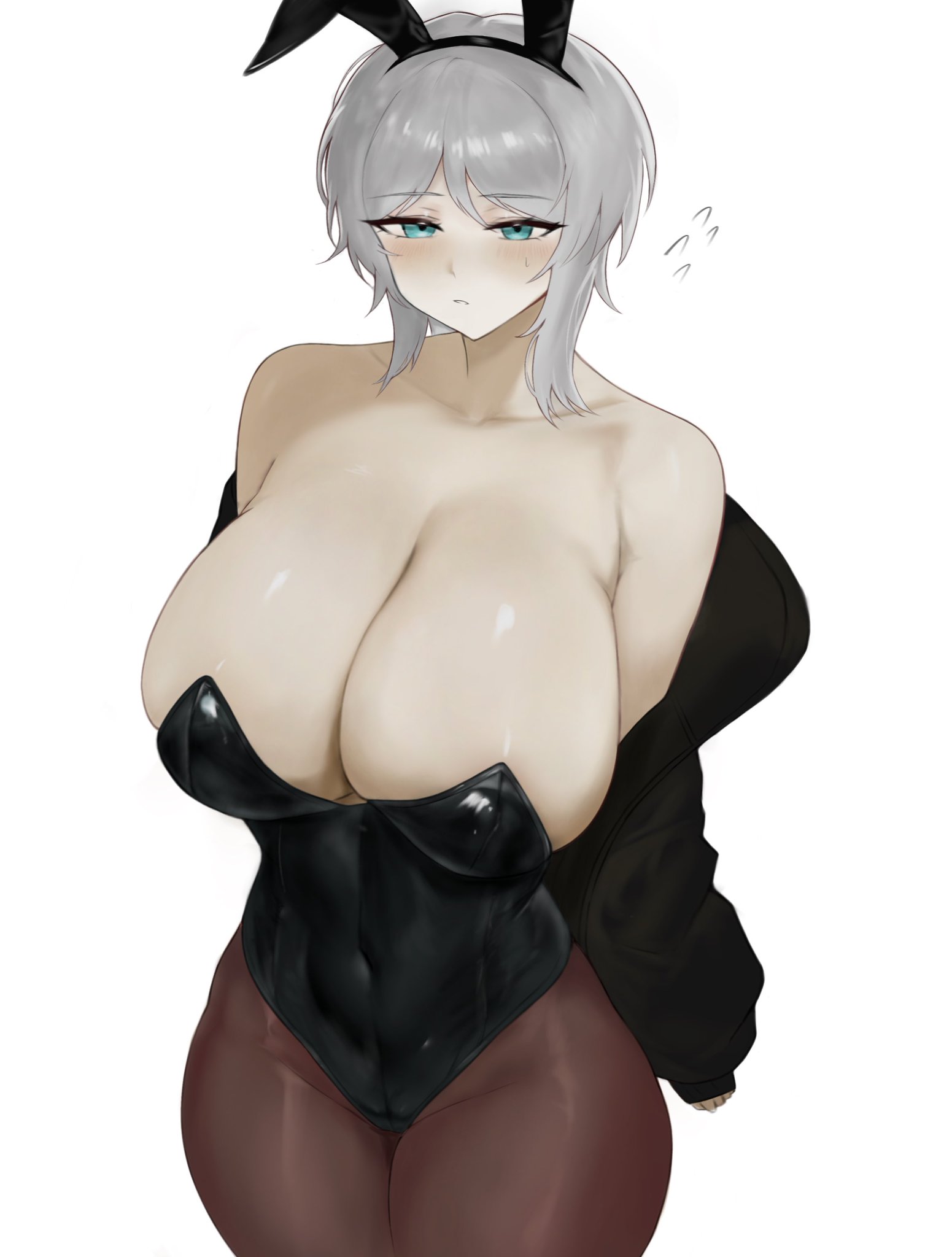 1girls, blue eyes, blush, breasts, bunny ears, bunny ears headband, bunnysuit, busty, cleavage, eyebrows visible through hair, fake animal ears, faust (limbus company), female, female only, huge breasts, jacket, leotard, light skin, light-skinned female, limbus company, navel visible through clothes, off shoulder, pantyhose, pmlbtmlorlc, project moon, solo, thick thighs, white hair