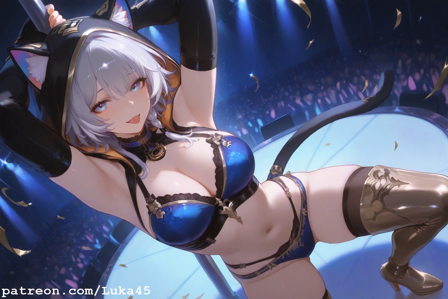 ai generated, armpits, arms up, big breasts, bikini, blue eyes, breasts, cat ears, cat tail, cipher (honkai: star rail), female, gloves, gold heels, grey hair, heels, honkai: star rail, hood, hoyoverse, luka45, mihoyo, necklace, patreon, patreon reward, patreon url, patreon username, smile, smiling at viewer, stockings thigh highs, thick legs, thick thighs, thighs, tongue, tongue out, wet, wet body