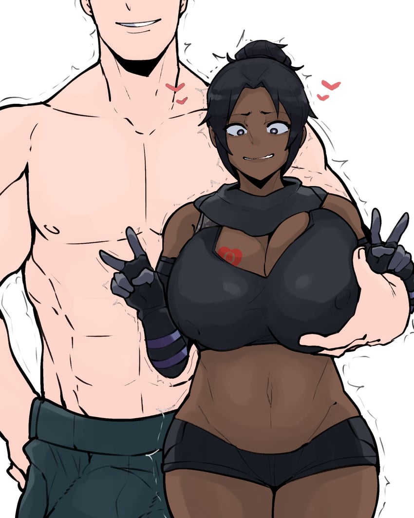 1boy 1girls 2023 absurd_res absurdres apex_legends big_breasts black_hair bra covered_erect_nipples dark-skinned_female dark_skin double_v double_v_sign erection erection_under_clothes faceless_male facing_viewer female gloves grabbing grabbing_breasts groping groping_breast groping_breasts hair_bun heart hearts hi_res high_resolution highres horu huge_breasts interracial large_breasts light-skinned_male light_skin male midriff muscular muscular_male nervous nervous_smile nipple_bulge open_smile peace_sign penis_bulge queen_of_hearts queen_of_hearts_tattoo shaking shirtless shirtless_(male) shirtless_male short_hair short_shorts shorts simple_background smile smiling smug straight tagme tattoo thick_thighs topless topless_male v white_background white_male wmbf wraith wraith_(apex_legends)
