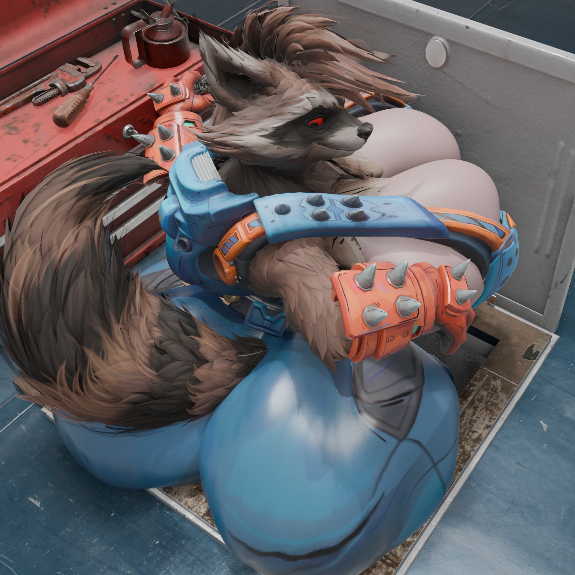 1:1, 3d, anthro, apekweit (modeler), armor, ass, big ass, big breasts, big butt, breasts, brown body, brown fur, clothing, digital media (artwork), female, fur, gauntlets, gloves, guardians of the galaxy, handwear, hi res, high-angle view, huge ass, huge breasts, huge butt, mammal, markings, marvel, marvel comics, marvel rivals, oleanderin, pipe wrench, procyonid, raccoon, red eyes, ring (marking), ringed tail, rocket raccoon, rocket raccoon (marvel rivals), rule 63, solo, striped markings, striped tail, stripes, tail, tail markings, thick thighs, wide hips