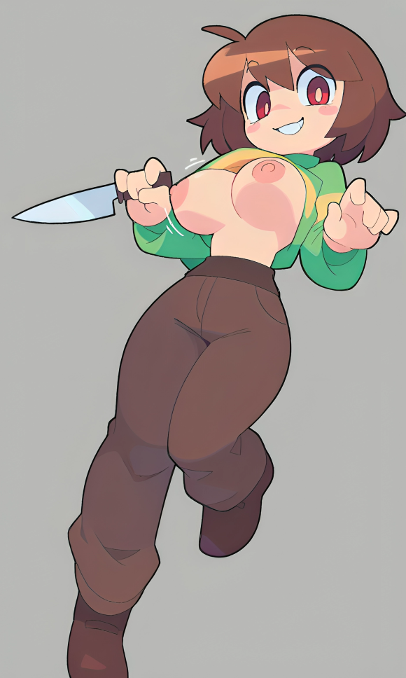 5_fingers aged_up ai_generated baggy_shirt bangs big_breasts blush blush_stickers breasts brown_hair brown_pants brown_shoes chara chara_(undertale) female gray_background green_sweater holding_knife holding_weapon knife looking_at_viewer motion_lines no_bra pale pixai red_eyes shirt_lift shoulder_length_hair simple_background slim_waist smile solo striped_sweater sweater tall turtleneck undertale undertale_(series)