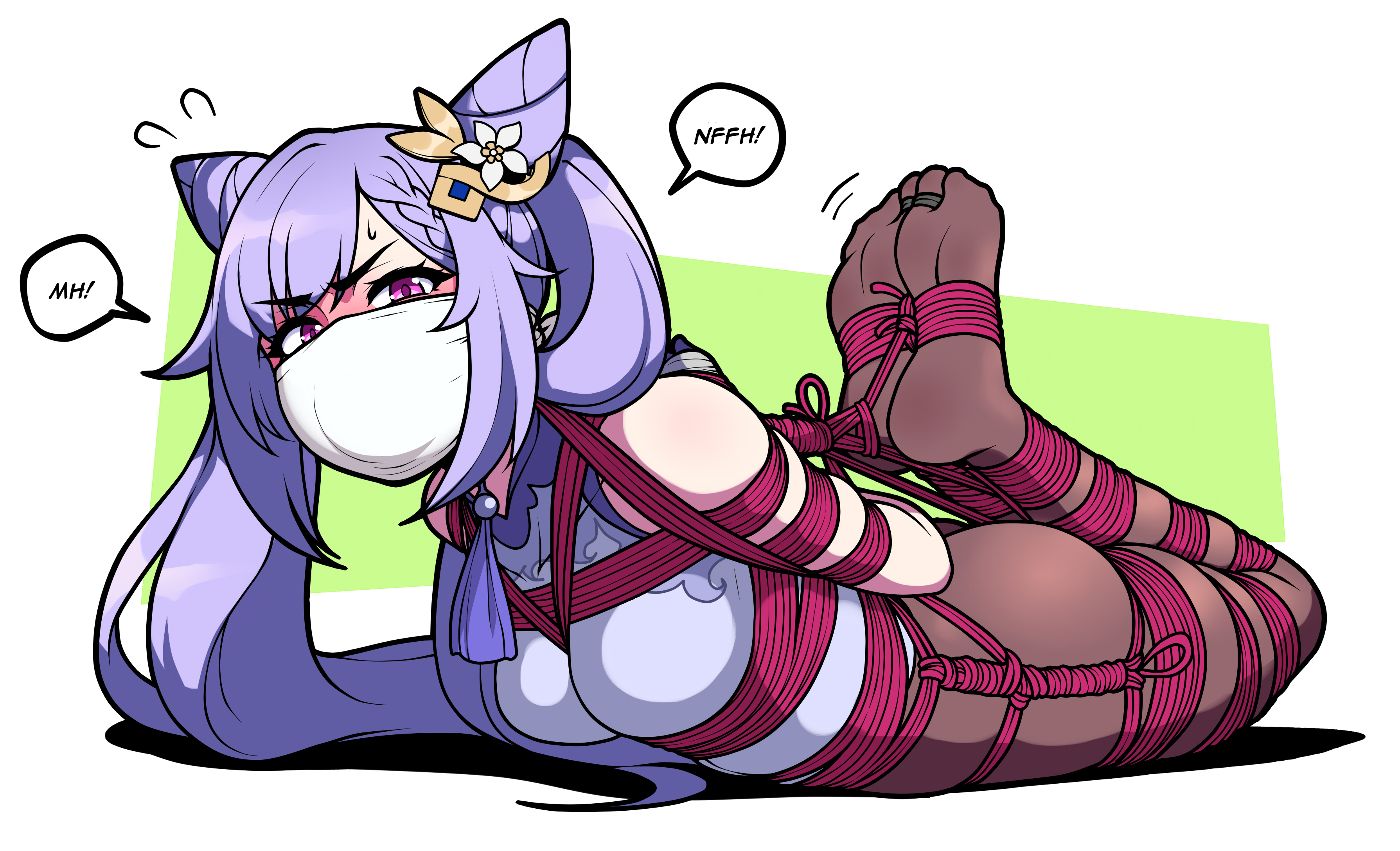 1girls, bondage, bound and gagged, damsel in distress, female, female only, female solo, gagged, genshin impact, hogtie, jam-orbital, keqing (genshin impact), over the nose gag, solo, solo female, solo only, tied up, toes tied