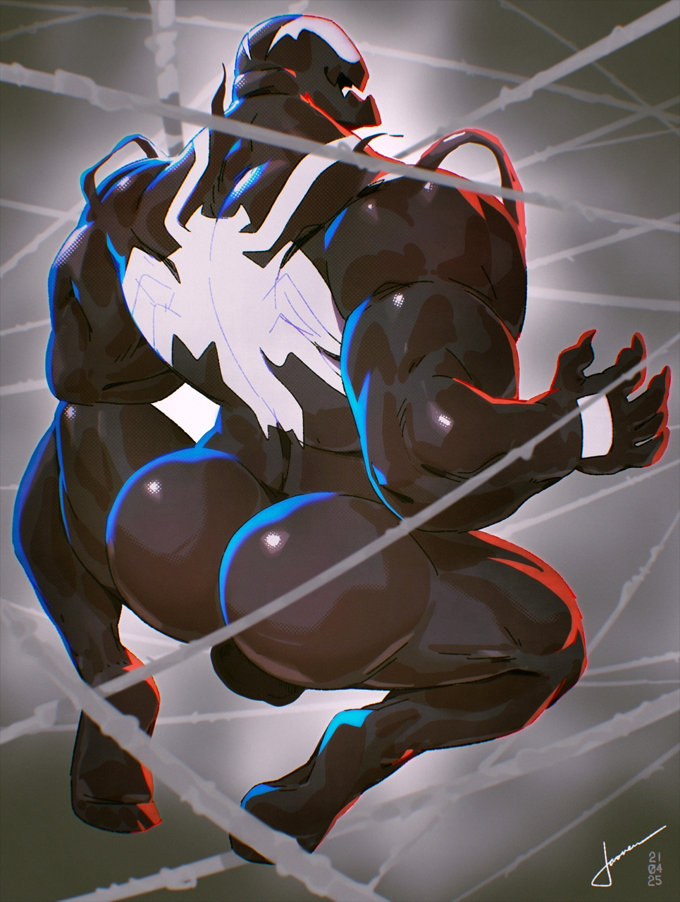 2025 alien alien_humanoid ass balls big_butt big_muscles black_body bubble_butt claws emblem empty_eyes genitals hi_res humanoid male male_only marvel muscular not_furry rear_view sharp_teeth solo spider_web symbiote taoren teeth tendrils venom_(marvel)