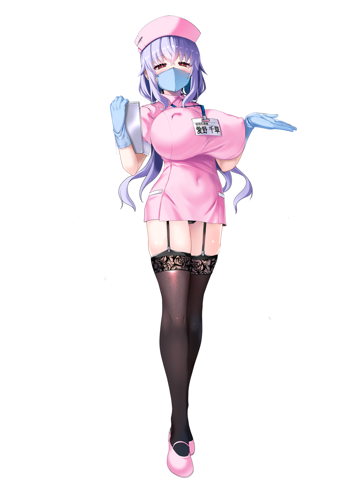 1girls, belly button, belly button visible through clothing, black panties, breasts, breasts bigger than head, cameltoe, clipboard, clothed, face mask, female, female focus, garter straps, gloves, hat, huge breasts, id card, lanyard, large breasts, light purple hair, long hair, mask, microdress, microskirt, navel, navel visible through clothes, nipple bulge, nipples, nurse, nurse cap, nurse clothing, nurse hat, nurse headwear, nurse outfit, nurse uniform, okuri banto, original, original character, panties, pantyshot, pantyshot (standing), pussy, red eyes, rubber gloves, simple background, solo, solo focus, standing, surgical gloves, thighhighs, thighs, tight clothing, white background