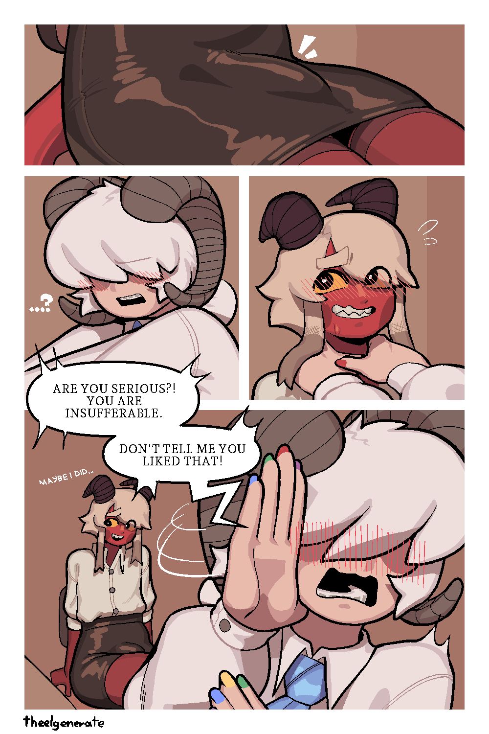 animal humanoid, blush, bodily fluids, bovid, bovid humanoid, braces, bulge, caprine, caprine humanoid, clothing, dialogue, duo, eline (theelgenerate), erection, erection under clothes, erection under clothing, exclamation point, female, femboy, fingers, hair, hair over eyes, hi res, horn, horns, humanoid, imp, levi (theelgenerate), male, mammal, mammal humanoid, multicolored nails, nail polish, nonbinary, open mouth, open smile, painted nails, question mark, red body, red tail, sheep humanoid, sitting, smile, speech bubble, sweat, tail, teeth, theelgenerate, white hair