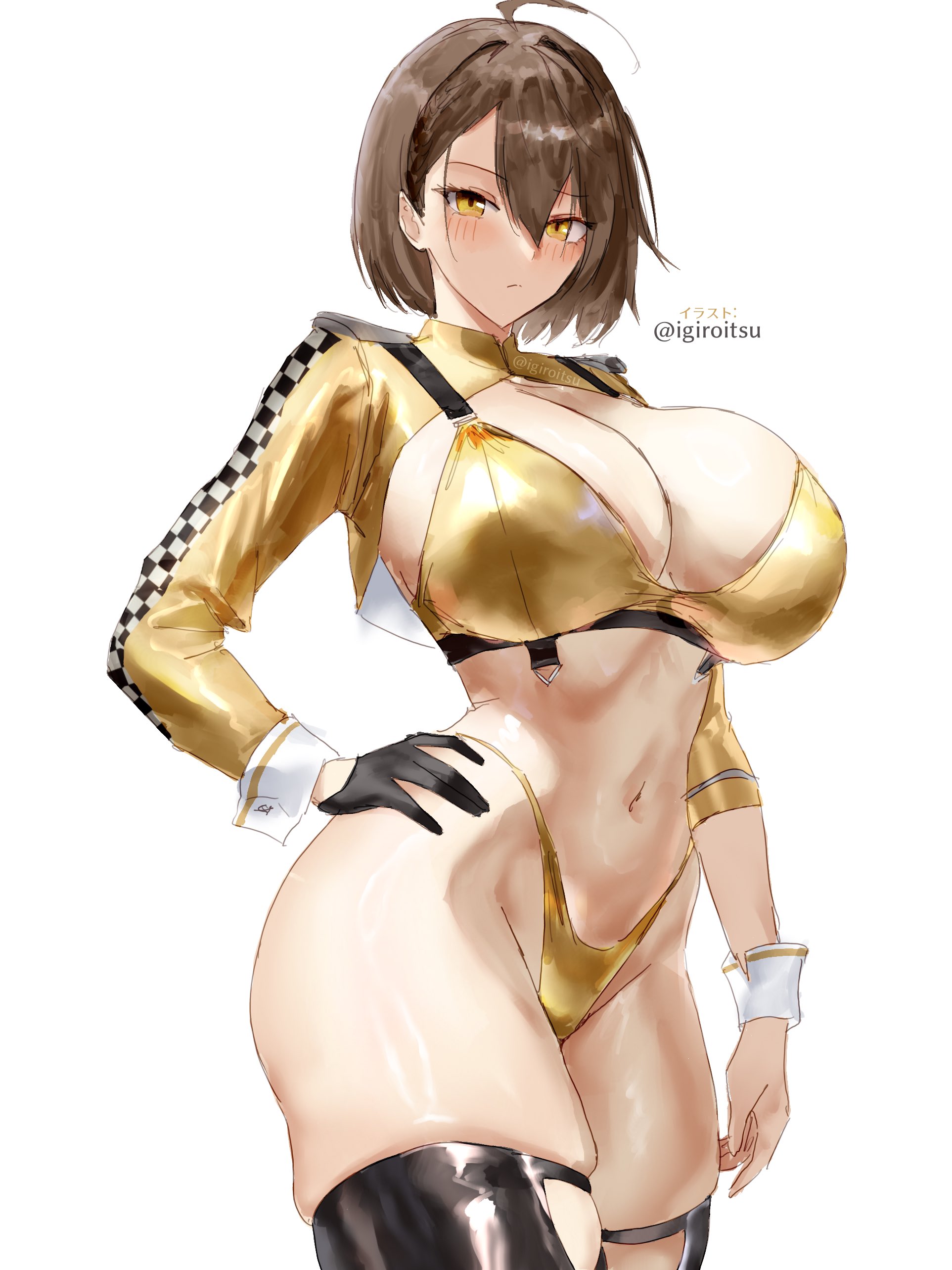 1girls, absurdres, ahoge, alternate costume, azur lane, baltimore (azur lane), bikini, black gloves, black thighhighs, blush, breasts, brown hair, cleavage, closed mouth, commentary request, cropped jacket, eagle union (azur lane), female, female only, gloves, gold bikini, hair behind ear, hand on own hip, highleg, highleg bikini, highres, huge breasts, igiroitsu, jacket, light skin, light-skinned female, looking at viewer, navel, race queen, revealing clothes, short hair, sideboob, simple background, skindentation, solo, stomach, swimsuit, thighhighs, twitter username, white background, wrist cuffs, yellow eyes, yellow jacket