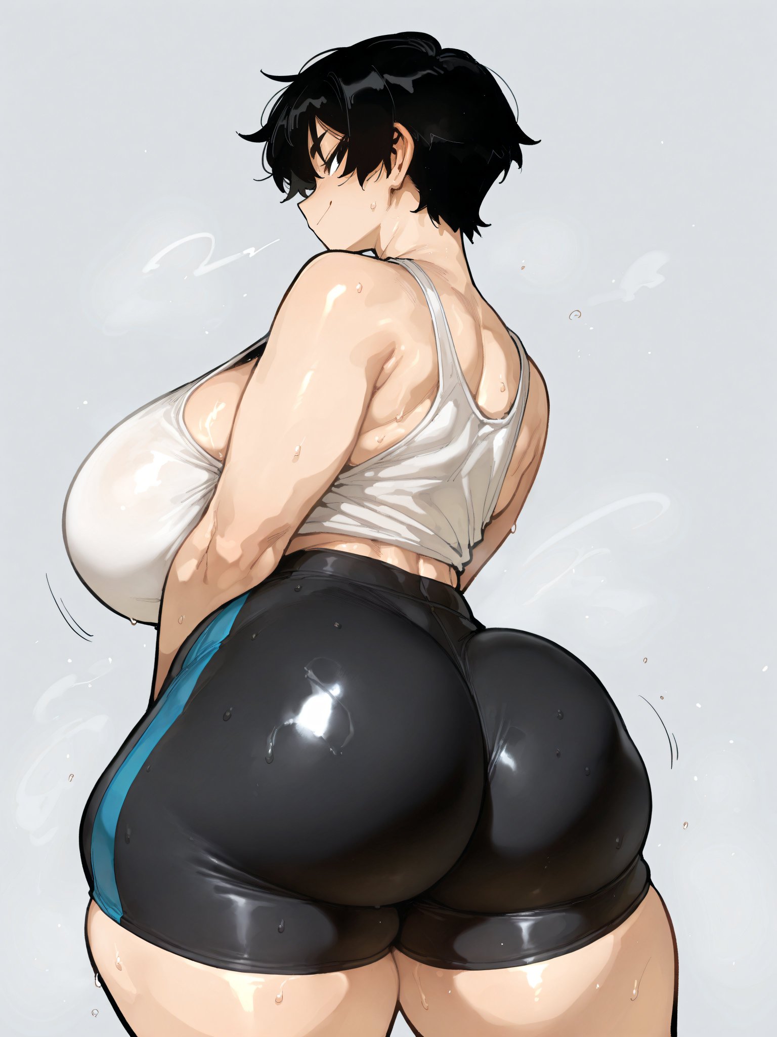 ai generated, back view, backboob, bare thighs, big ass, big butt, bike shorts, black eyes, black hair, breasts, fat ass, female, gigantic ass, gigantic breasts, huge breasts, huge thighs, light skin, light-skinned female, looking back, massive ass, massive breasts, oatmealdood, oiled body, oiled skin, original, short hair, smiling, solo female, squatting, sweat, sweatdrop, tank top, thick body, thick female, thick thighs, thighs, tomboy, voluptuous, voluptuous female