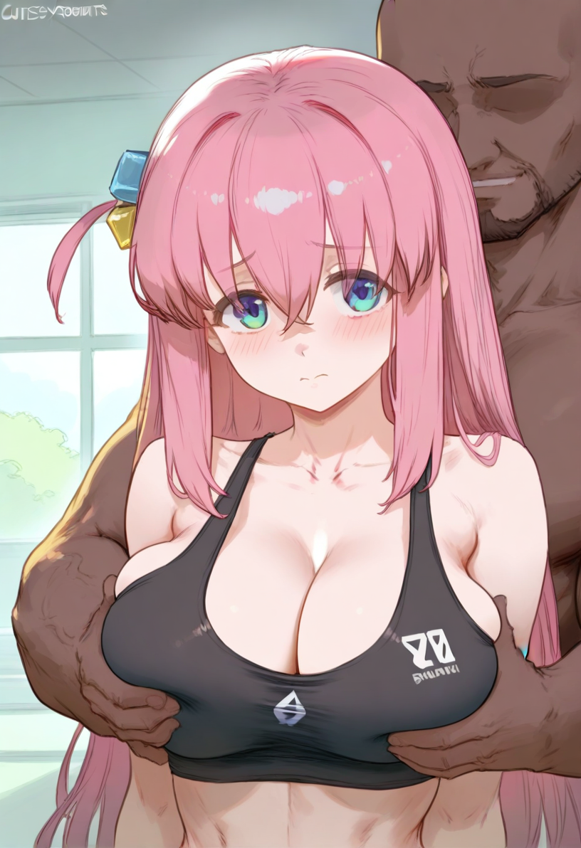 1boy ai_generated blush breast_grab breasts cleavage dark-skinned_male embarrassed faceless_male female gotou_hitori gym indoors large_breasts looking_at_viewer male muscular muscular_male navel sad shy smile sports_bra stubble
