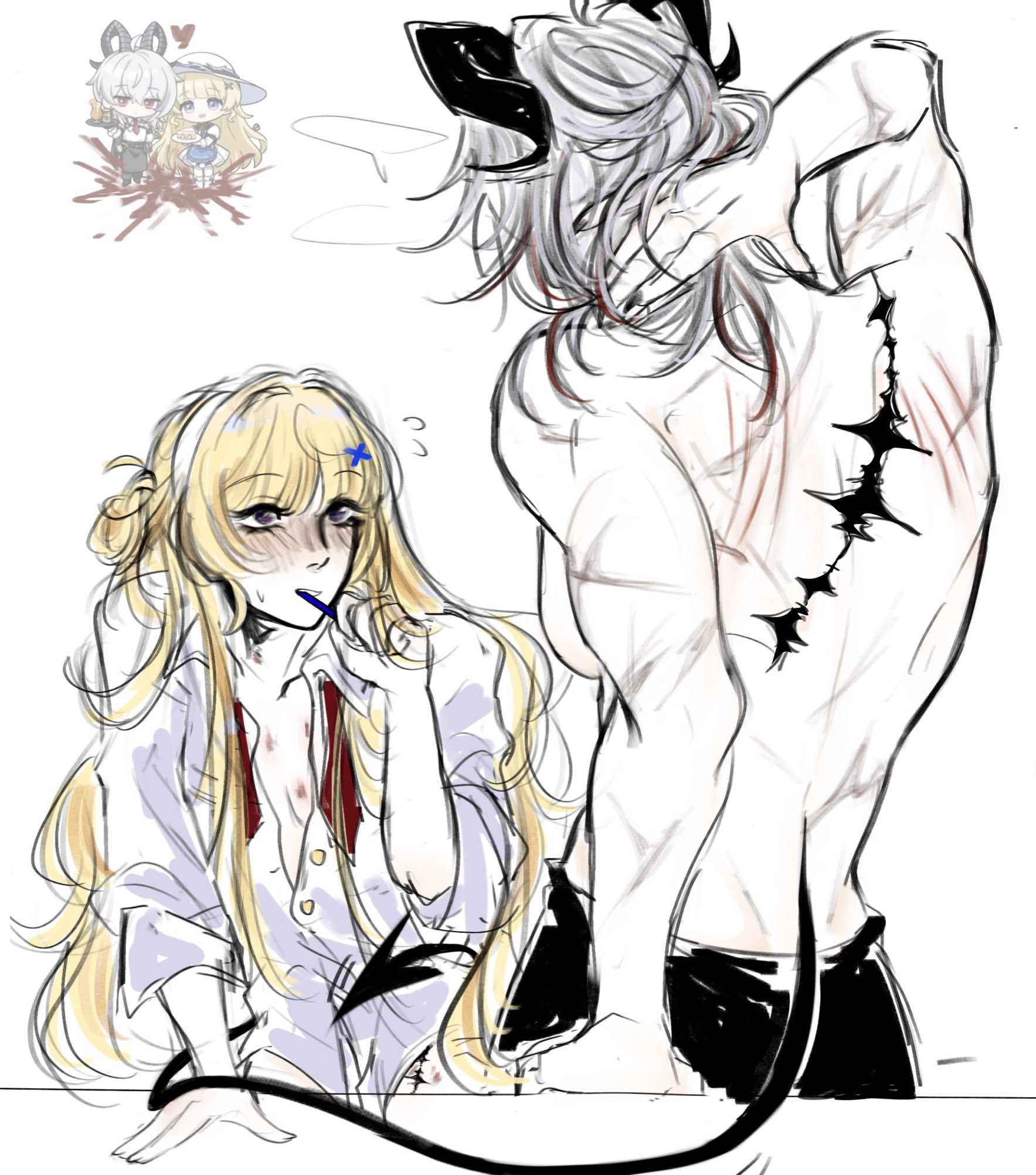 2d, 2girls, after sex, alfaidopasta, back view, blush, butch, clothed, digital media, female, female only, horns, larger female, multiple females, multiple girls, muscular, muscular back, muscular female, no shirt, partially clothed, phoebe (wuthering waves), scar, scars, scars all over, scratch marks, scratches, shirtless, shirtless female, shorter female, smaller female, tail, taller female, topless, unbuttoned, unbuttoned shirt, wuthering waves, yuri, zani (wuthering waves)