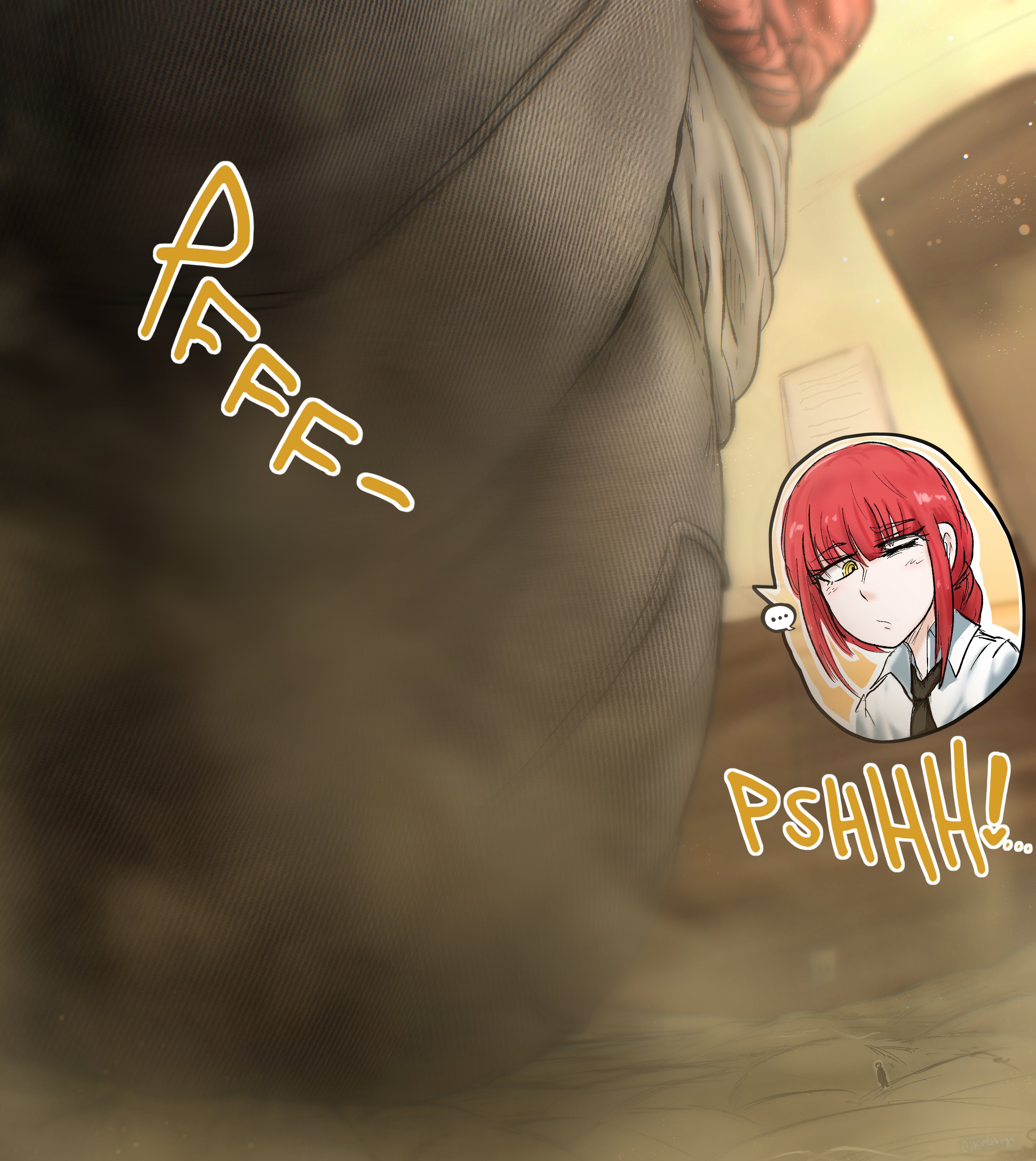 …, 1boy, 1girls, ass, big ass, big butt, black pants, chainsaw man, fart, fart cloud, fart fetish, farting, farting on another, female, giantess, huge ass, huge butt, makima (chainsaw man), male, one eye closed, onomatopoeia, rear view, red hair, shintobuya, sitting, text bubble, tiny, viewed from behind, yellow eyes