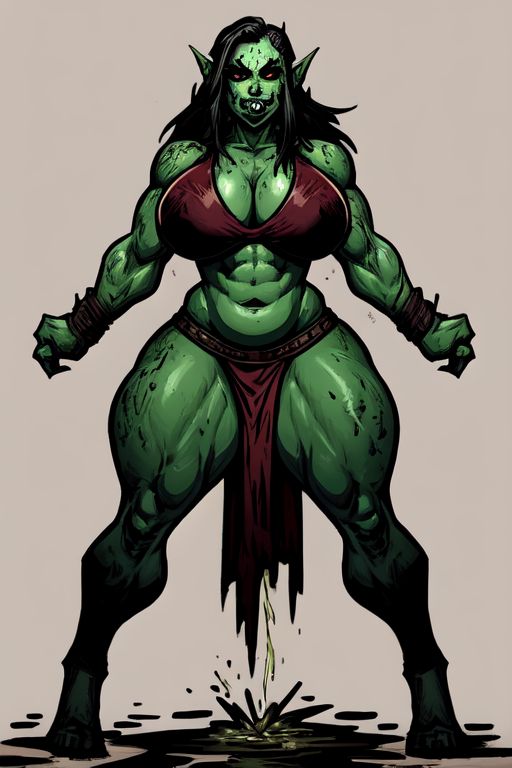 ai_generated big_breasts clothed_female female female_only green_skin muscular orc orc_female peeing pointy_ears red_eyes simple_background teron_games urine wide_hips