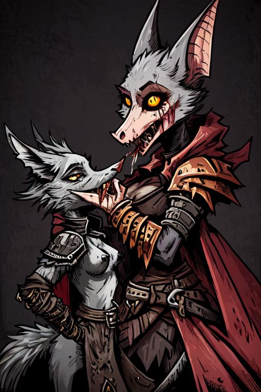 2girls ai_generated anthro armor armored_female bat blood_in_mouth eating fantasy female female_only fox grey_fur impractical_armor meat sharp_teeth simple_background size_difference teron_games yellow_eyes