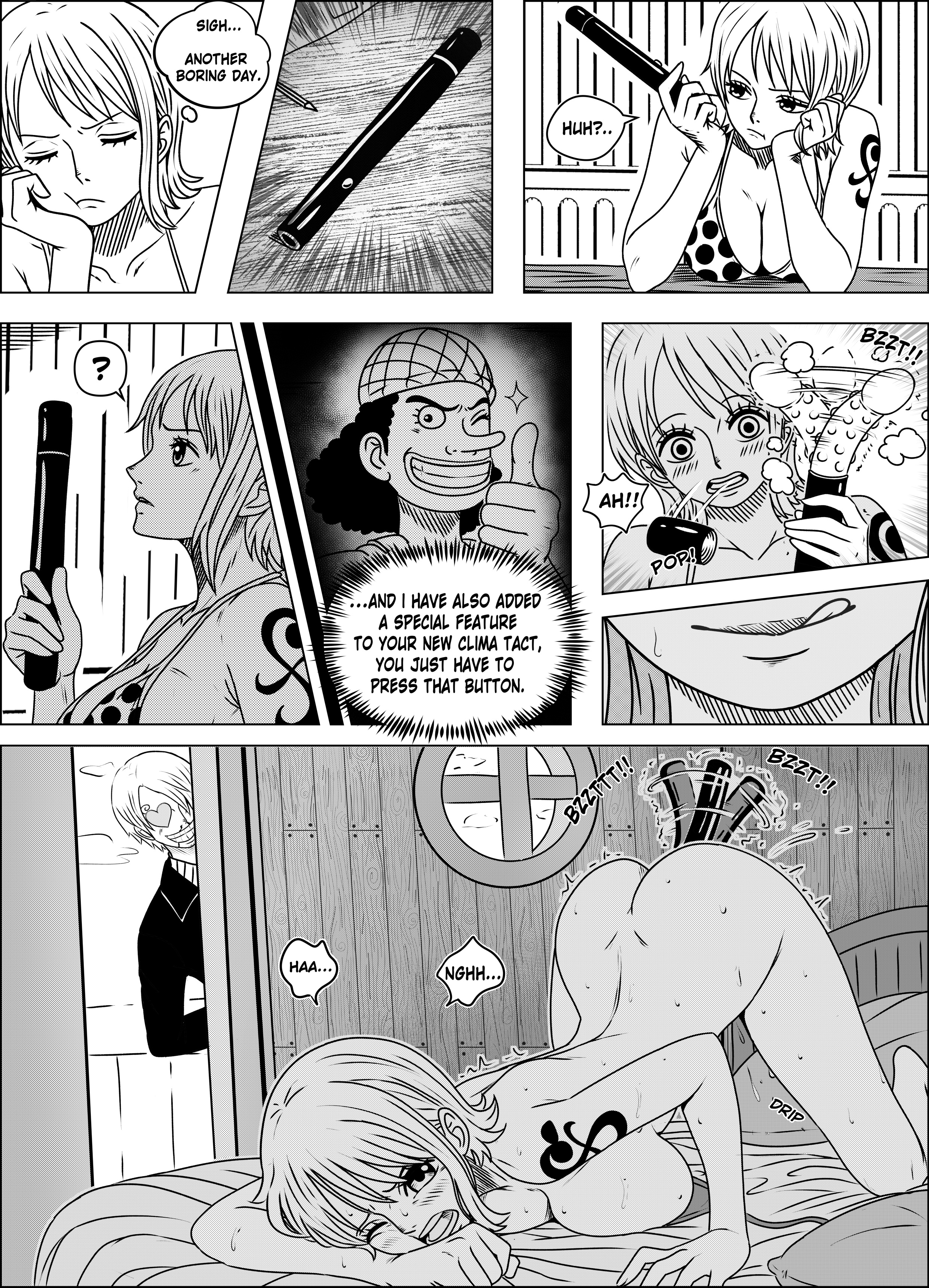 1girls, 2d, 2d (artwork), arm tattoo, bdsm gear, black and white, blush, bondage gear, comic, dildo, dildo in pussy, dildo insertion, english, english text, female, female focus, fit female, human, human only, male, manga, masturbation, nami (one piece), noxdsa, nude, one piece, pussy, secretly loves it, sex toy, solo focus, tattoo, text, voluptuous, voluptuous female