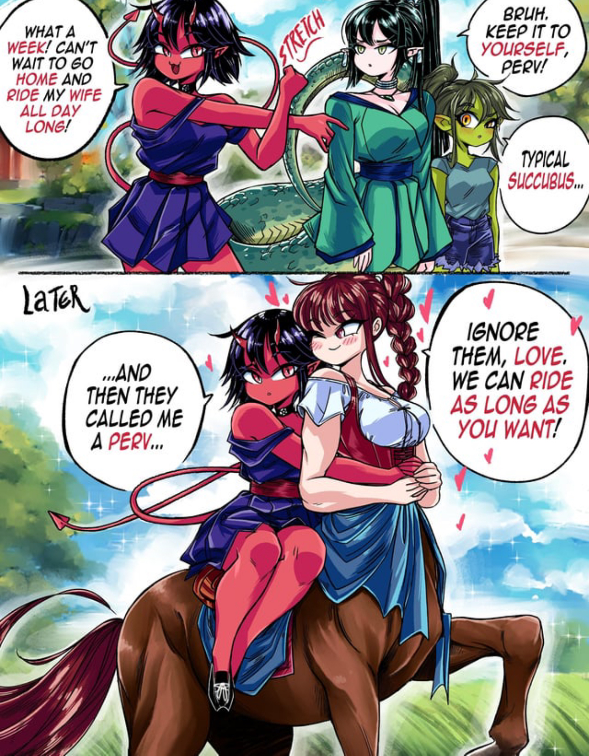 1girls, 2girls, 2koma, before and after, centaur, centaur riding, centauress, demon, demon girl, demon horns, demon tail, dialogue, english text, female, grs-, heart, horn, kawaii, lesbian, lesbian couple, love, no nudity, succubus, tagme, taur, text, thick thighs, voluptuous, wholesome, wives, yuri