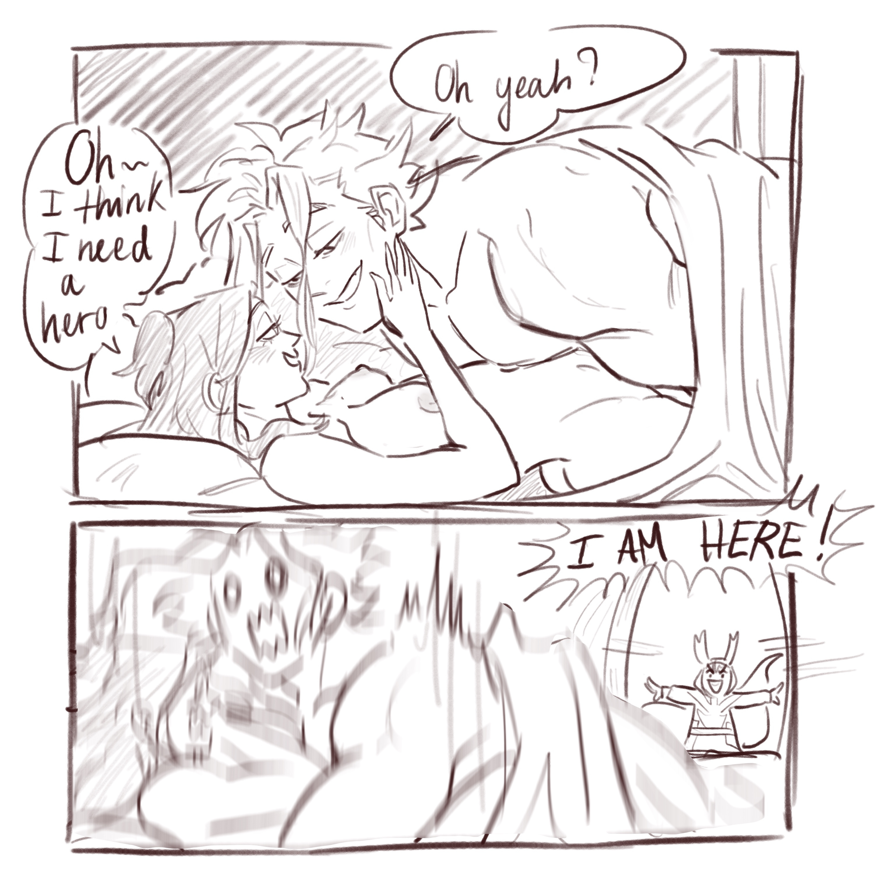 1boy, 1boy1girl, 1girls, all might, arched back, bed, bed sheet, bedroom, blonde hair, blush, boku no hero academia, breasts, butt crack, chibi, comic, completely nude, dialogue, english text, erect nipples, female, funny, green hair, greyscale, half-closed eyes, hand on another's face, highres, humor, ijessbest, imminent sex, in bed, inko midoriya, interrupted, izuku midoriya, long hair, lying, lying on back, lying on bed, male, mischievous smile, monochrome, motion lines, muscular, muscular male, my hero academia, nipples, nude, romantic, romantic couple, slight blush, smile, speech bubble, straight, surprised, tied hair, toshinori yagi, under covers, wholesome