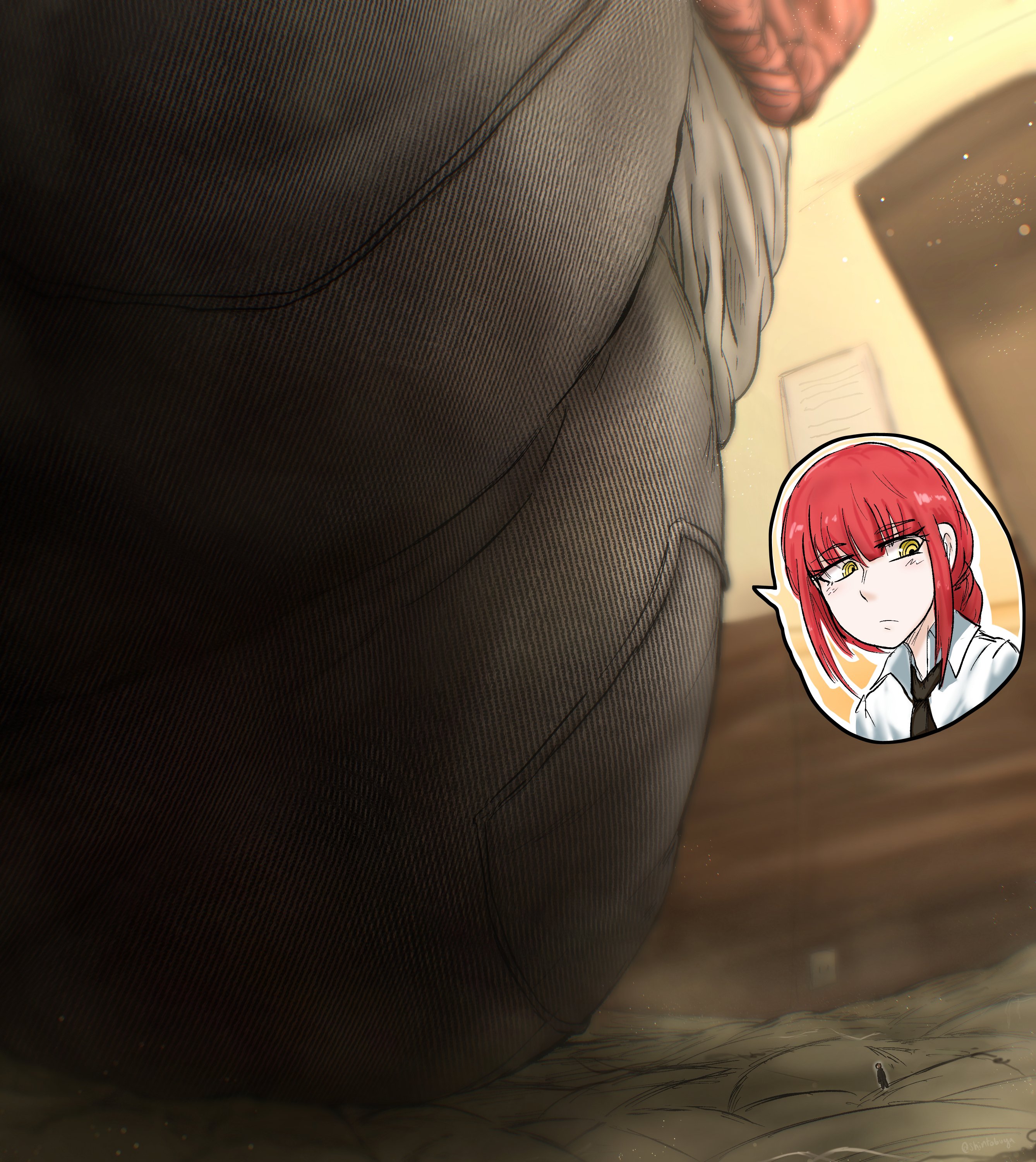 1boy, 1girls, ass, big ass, big butt, black pants, chainsaw man, female, giantess, huge ass, huge butt, makima (chainsaw man), male, rear view, red hair, shintobuya, sitting, tiny, viewed from behind, yellow eyes