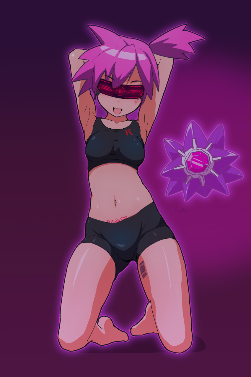 alternate hair color, armpits, arms up, barcode, bare legs, barefoot, batta 16-sei, batta18th, brainwashing, corruption, crotch tattoo, enemy conversion, female, femsub, heart, hypnosis, hypnotic visor, kasumi (pokemon), midriff, mind control, misty (pokemon), pink hair, pokemon, pubic tattoo, side ponytail, starmie, tattoo, team rocket, team rocket uniform, visor