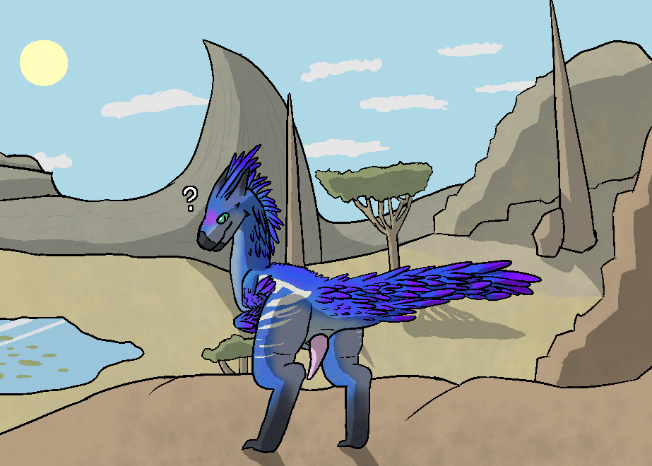 aliasing biped bipedal_feral blue_body capcom countershading digital_media_(artwork) dinosaur erection feathers feral fogspot genitals green_eyes horn looking_back male monster_hunter penis prehistoric_species purple_body purple_feathers question_mark reptile scalie seikret solo standing tapering_penis