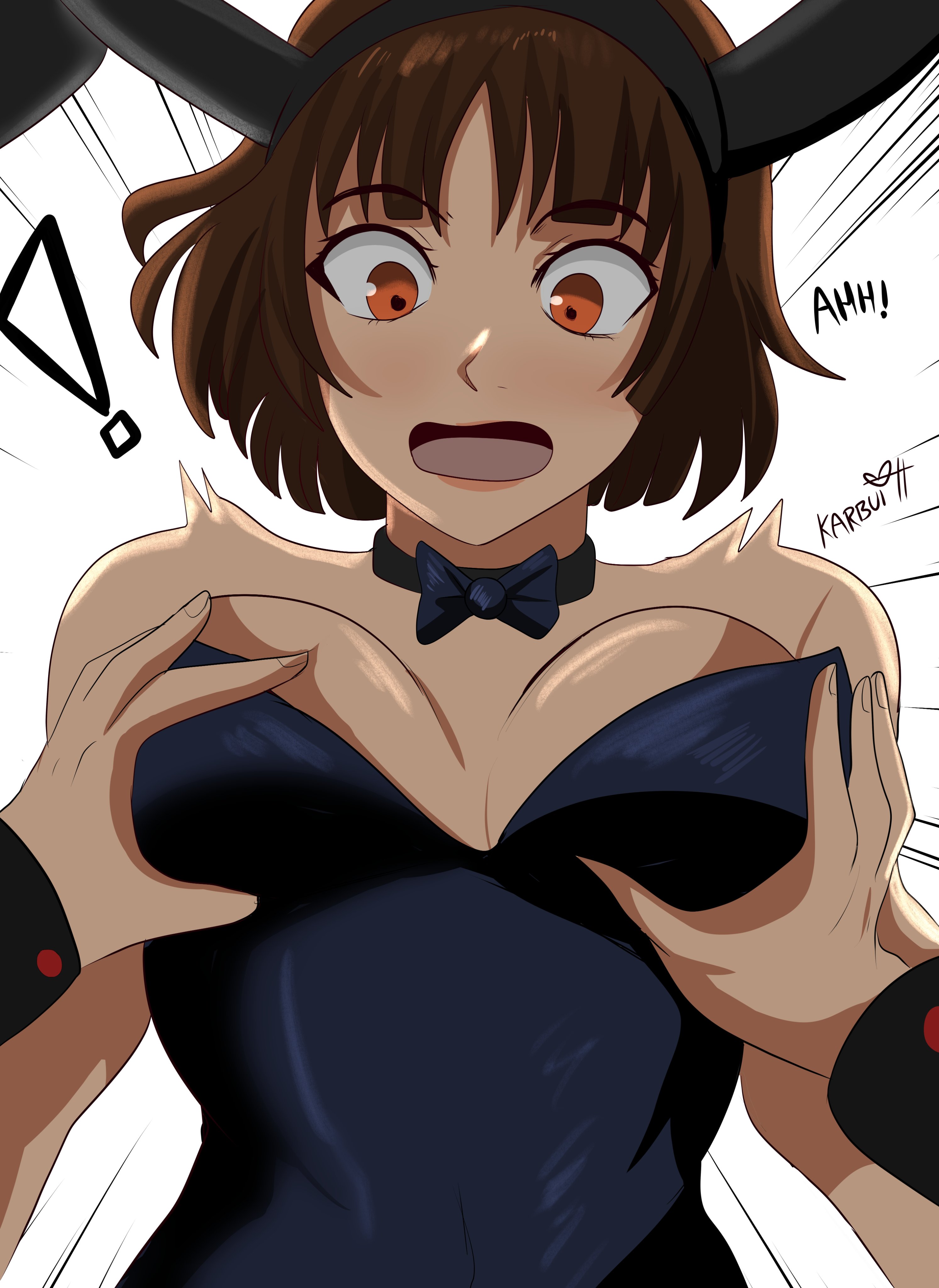 !, 1girls, 2d, big breasts, black bunnysuit, blush, breast grab, breast squeeze, breasts, brown hair, bunny ears, bunny girl, bunnysuit, double breast grab, embarrassed, english text, female, female focus, grabbing breasts, karbuitt, large breasts, leotard, looking at viewer, makoto niijima, open mouth, persona, persona 5, playboy bunny, red eyes, shocked, short hair, strapless leotard, suprised, suprised look, tongue