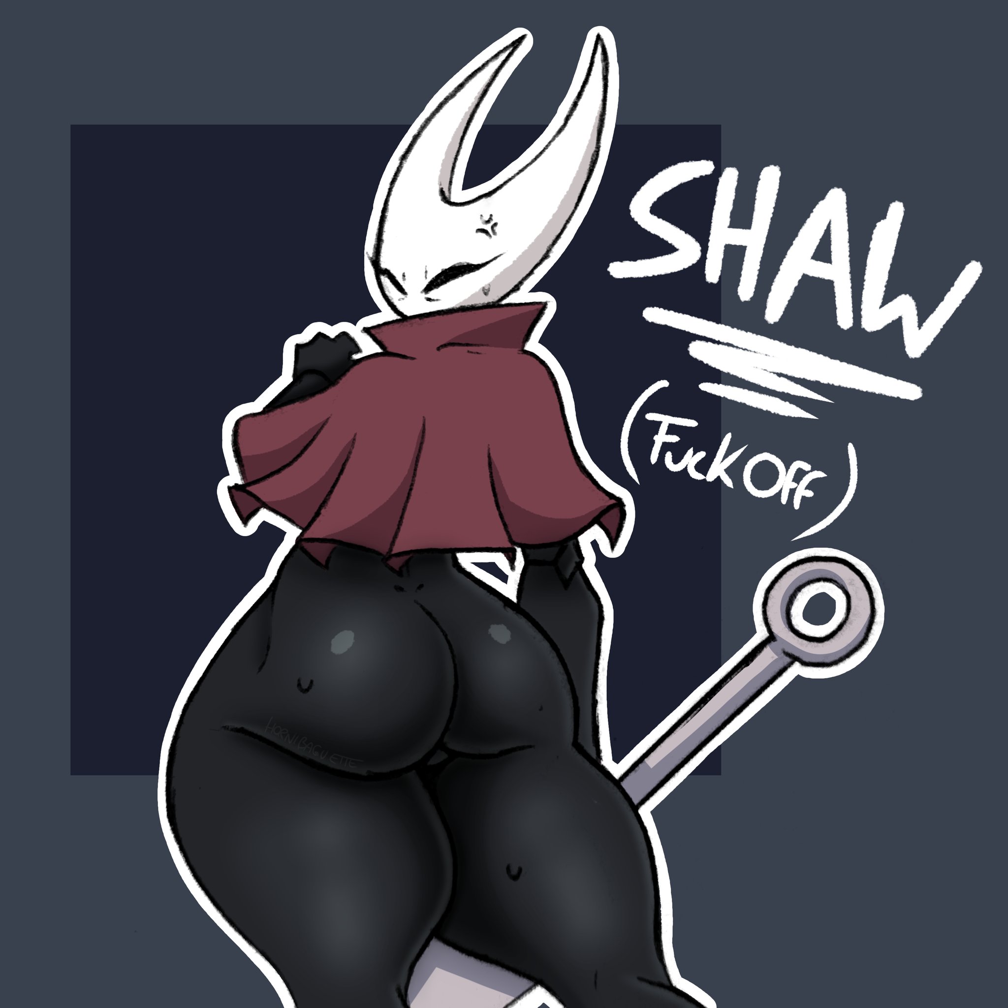 1girls, 2 horns, 2025, angry, arthropod, ass, baguetteartt, biped, black body, black butt, black eyes, bottom heavy, bottomless, clothed, clothing, cross-popping vein, dialogue, english text, eyelashes, female, female only, fingers, hi res, holding melee weapon, holding object, holding weapon, hollow knight, horn, hornet (hollow knight), hornibaguette, huge ass, humanoid, looking back, melee weapon, partially clothed, profanity, rear view, solo, standing, talking to viewer, team cherry, text, thick thighs, weapon, white head, white text, wide hips