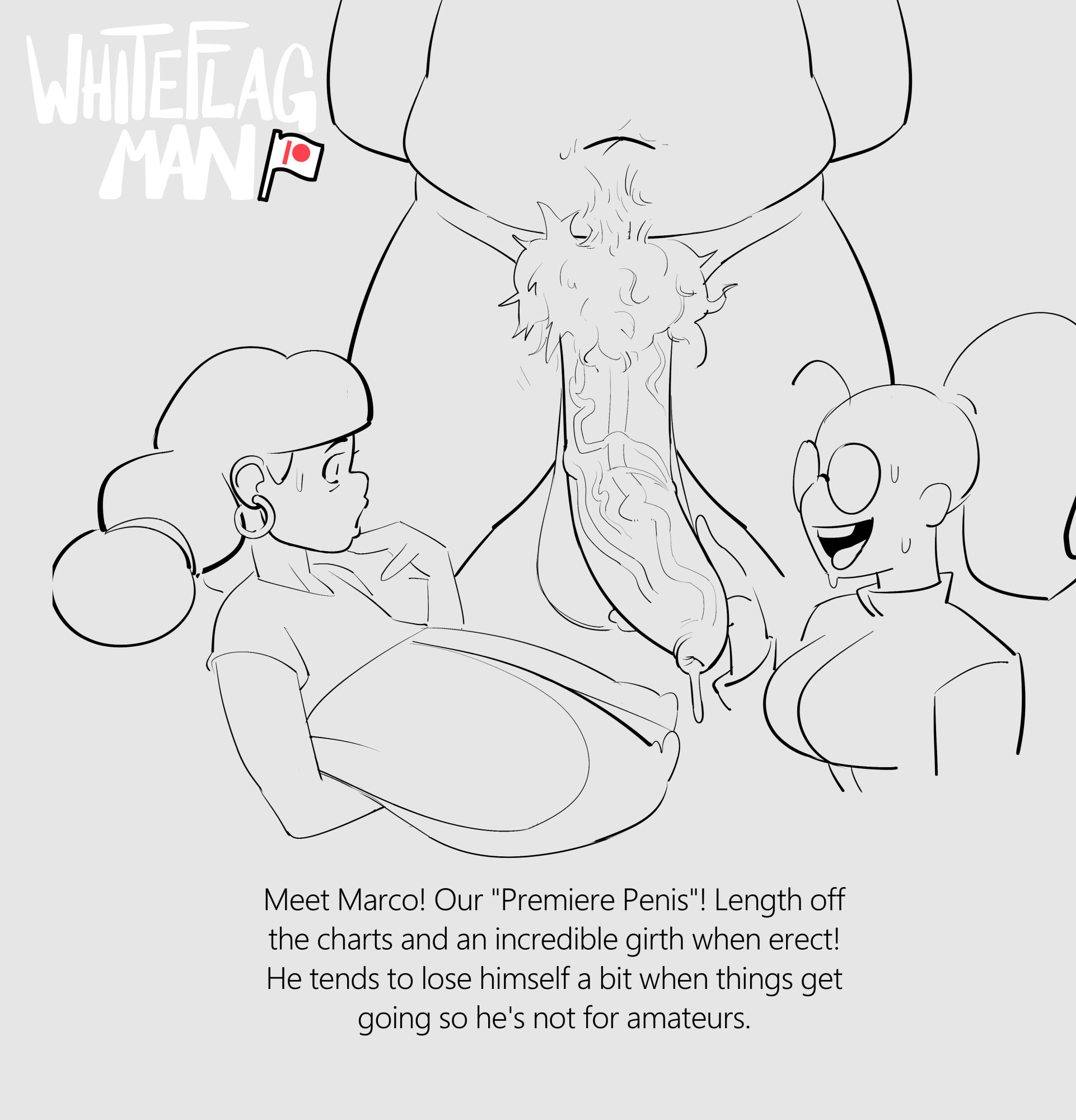 1boy, 2girls, big breasts, big penis, breasts, dialogue, fat male, female, foreskin, glasses, huge breasts, huge cock, huge penis, long foreskin, male, penis, penis awe, penis size talk, size talk, sketch, sweat, text, uncensored, uncircumcised, whiteflagman