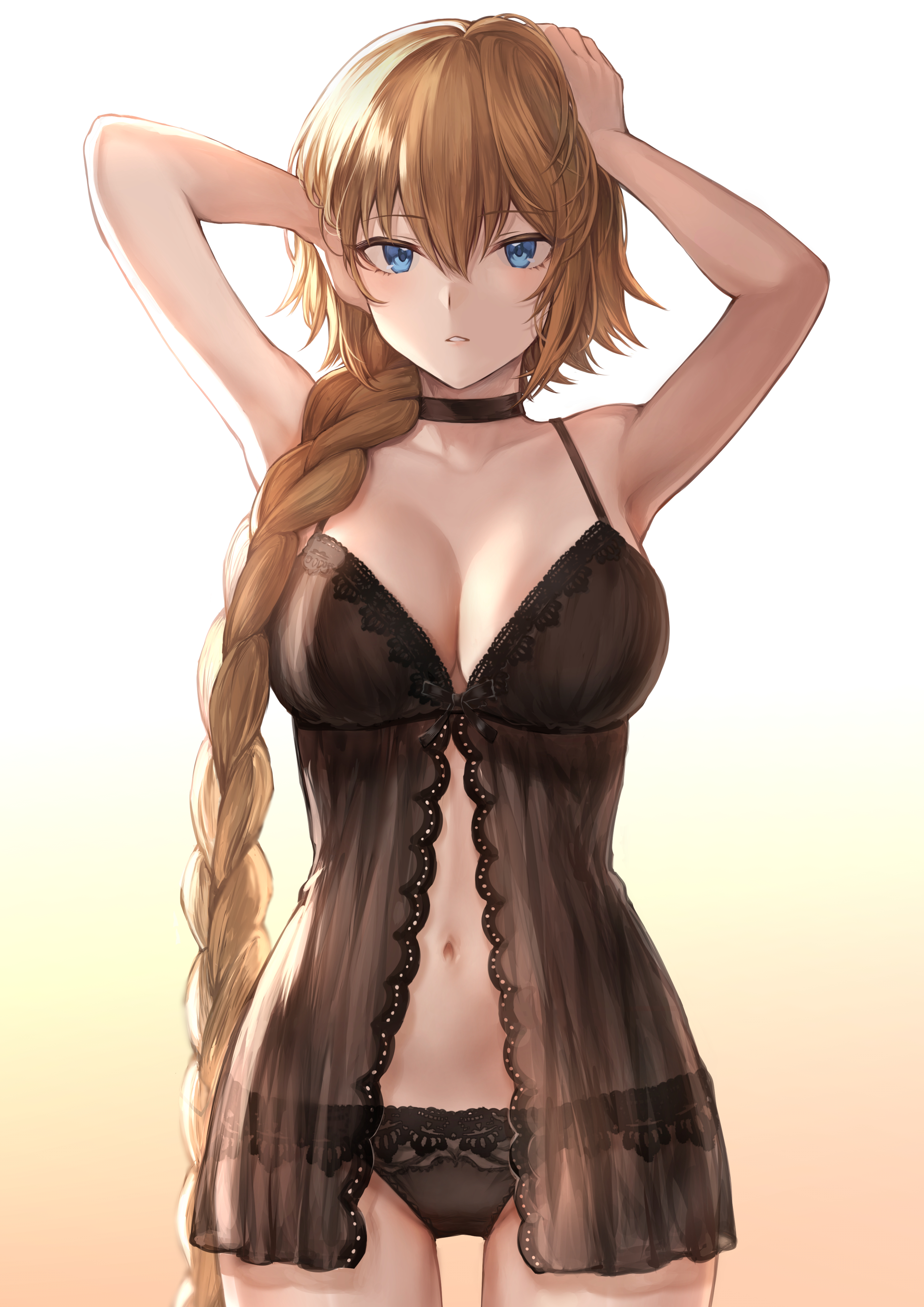 1girls, babydoll, black lingerie, black panties, blonde hair, blue eyes, braided hair, breasts, cleavage, fate (series), fate/grand order, female, female only, jeanne d'arc (fate), lace, lace-trimmed panties, large breasts, lingerie, looking at viewer, mashu 003, panties, tagme, underwear, wide hips