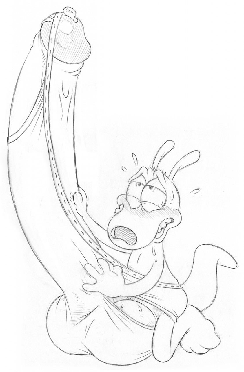 anthro balls big_balls big_penis blush bodily_fluids brainsister bulge clothing corruption genital_fluids genitals hi_res hyper macropod male mammal marsupial nickelodeon penis precum rocko's_modern_life rocko_rama solo stroking_penis transformation underwear wallaby