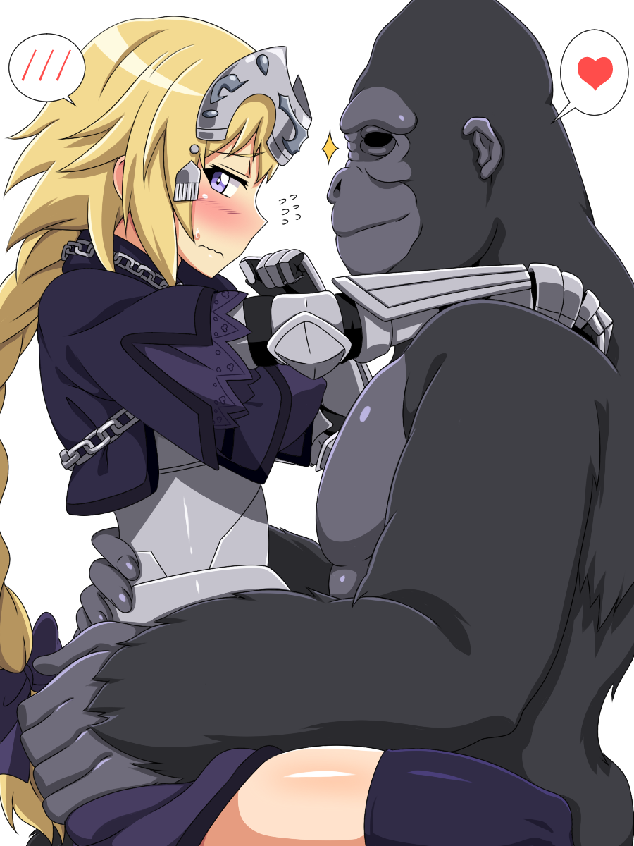 1boy 1girls black_legwear blonde_hair blue_eyes blush breasts clothed_sex covered_nipples cowgirl_position fate/apocrypha fate_(series) female female_human/male_feral feral gorilla heart highres human implied_sex interspecies jeanne_d'arc_(fate) jeanne_d'arc_(fate)_(all) kani_club large_breasts ponytail simple_background smile sweat thighhighs tiara white_background zoophilia