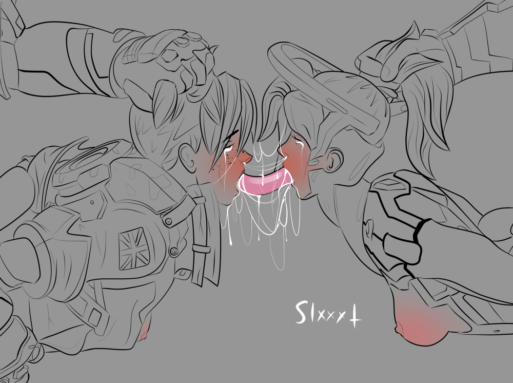 breasts, dildo in mouth, double dildo, double dildo deepthroat, female, forced, hair grab, line art, mercy, nipples, overwatch, rape, sixxxt, small breasts, tagme, tears, tracer