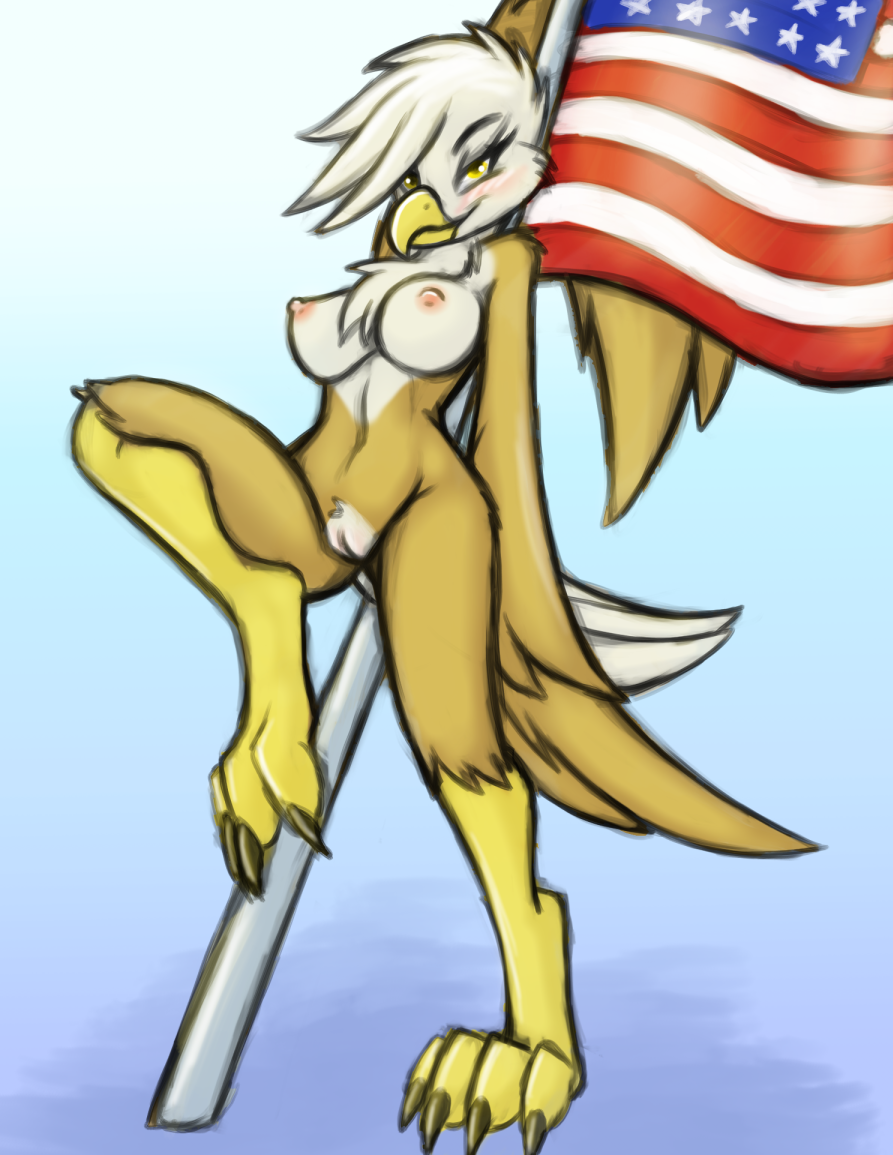 2018 american_flag anthro anthrofied areola avian bald_eagle beak bird breasts brown_feathers eagle evilymasterful feathers female flag friendship_is_magic gilda_(mlp) looking_at_viewer my_little_pony nipples non-mammal_breasts pussy solo talons white_feathers yellow_beak