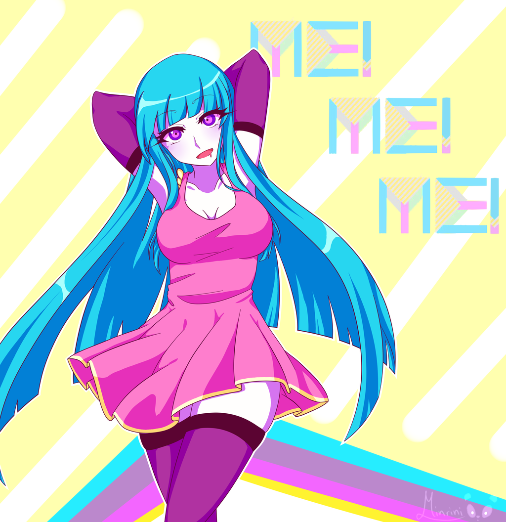arms up, blue hair, breasts, dress, elbow gloves, female, long hair, looking at viewer, me!me!me!, meme (me!me!me!), minrini, pink dress, purple eyes, solo, thighhighs, very long hair