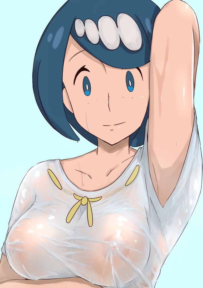 1girls areolae arm_up armpit armpits big_breasts blue_background blue_eyes blue_hair breasts clothed erect_nipples female female_only human human_only lana's_mother_(pokemon) long_hair looking_at_viewer meronshiroppu milf mob_face mother nintendo nipples no_bra pokemon pokemon_sm ponytail see-through shirt smile solo sweat wet wet_clothes wet_shirt