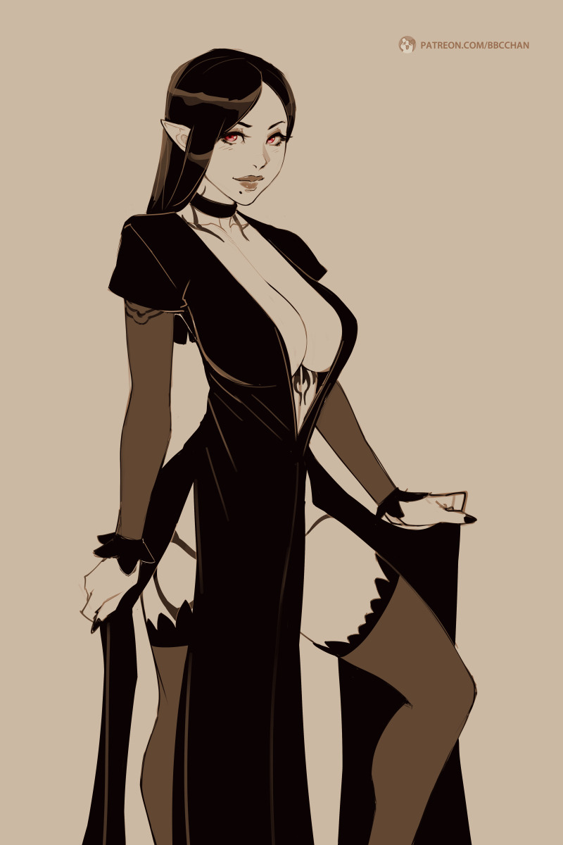 1girls, 2:3, bbc-chan, beauty mark, black hair, black nail polish, black nails, breasts, choker, cleavage, dress, elf ears, female, female only, fingernails, large breasts, long hair, long sleeves, looking at viewer, mole, mole under mouth, nail polish, patreon url, pointy ears, red eyes, solo, spot color, tattoo, thighhighs