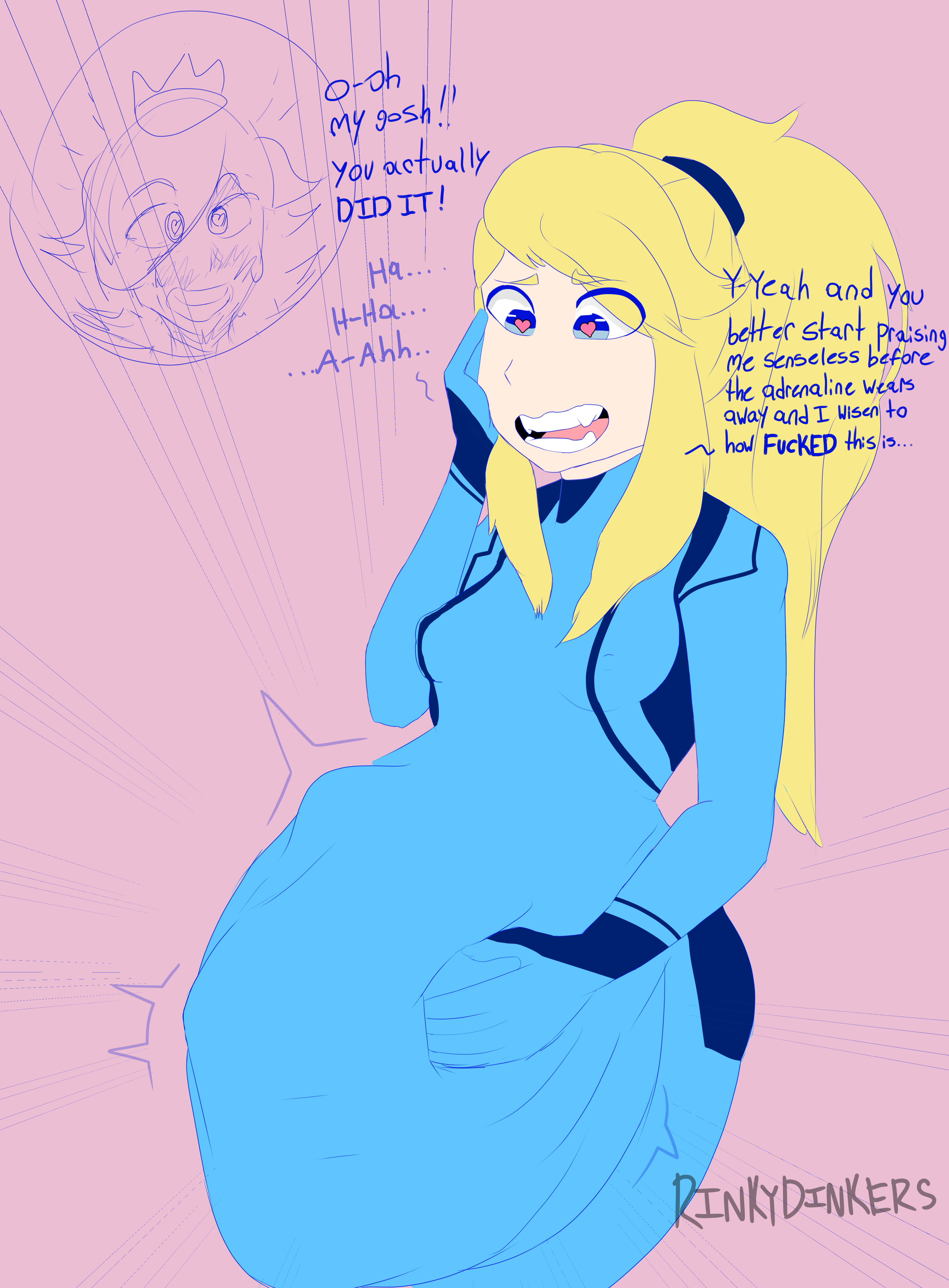2girls, belly, big belly, bodysuit, clothing, dialogue, digestion, english text, female, female only, female prey, long hair, mario (series), metroid, multiple females, multiple girls, nintendo, pink background, ponytail, princess rosalina, rinkydinkers, samus aran, simple background, solo focus, standing, text, tied hair, torn bodysuit, torn clothes, vore, willing prey, willing vore, yuri, zero suit, zero suit samus
