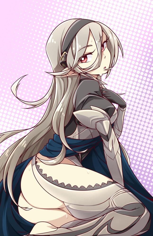 1girls, armored dress, ass, blush, cap, corrin (fire emblem), corrin (fire emblem) (female), elf, female, female only, fire emblem, fire emblem fates, pose, red eyes, tiara, white hair