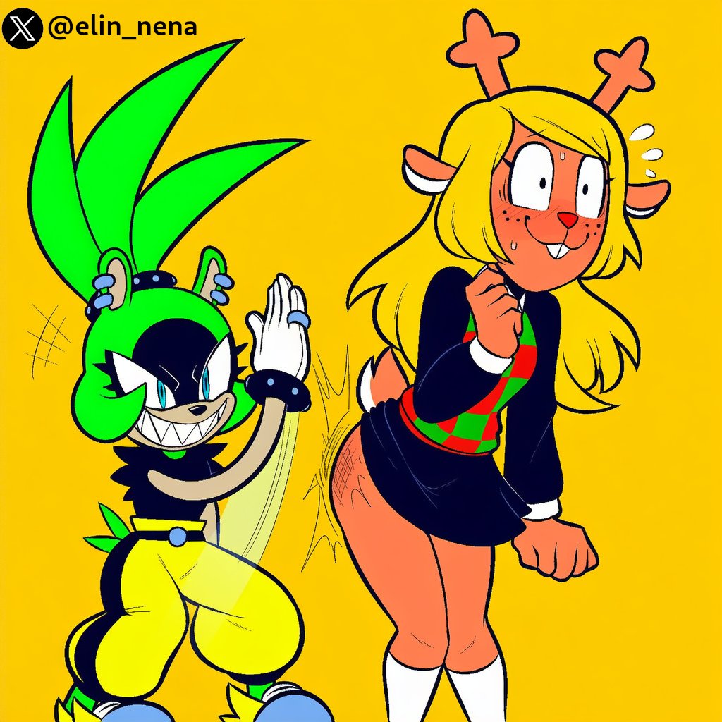 anthro on anthro, crossover, deltarune, dominant female, elin nena, female, no panties, noelle holiday, slap ass, slapping ass, slapping butt, sonic (series), sonic the hedgehog (series), submissive female, surge the tenrec, surprised, yuri