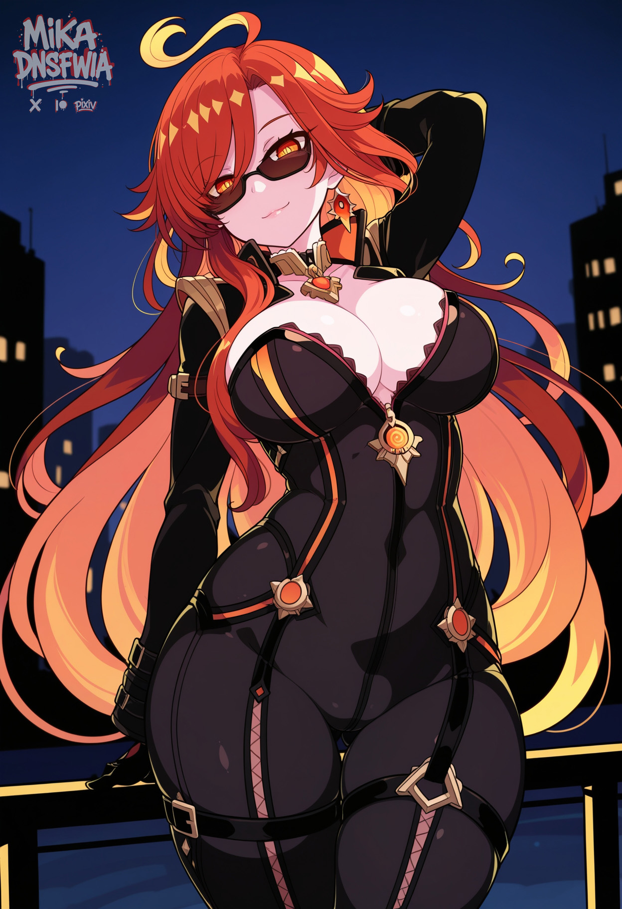 1girls, ahoge, ai generated, big breasts, black gloves, bodysuit, breasts, cleavage, curvy, female, female only, genshin impact, huge breasts, large breasts, light-skinned female, lips, looking at viewer, mavuika (genshin impact), mikadnsfwia, orange eyes, orange hair, red hair, seductive smile, solo, sunglasses, symbol-shaped pupils, thick thighs, thighs, two-tone hair, very long hair