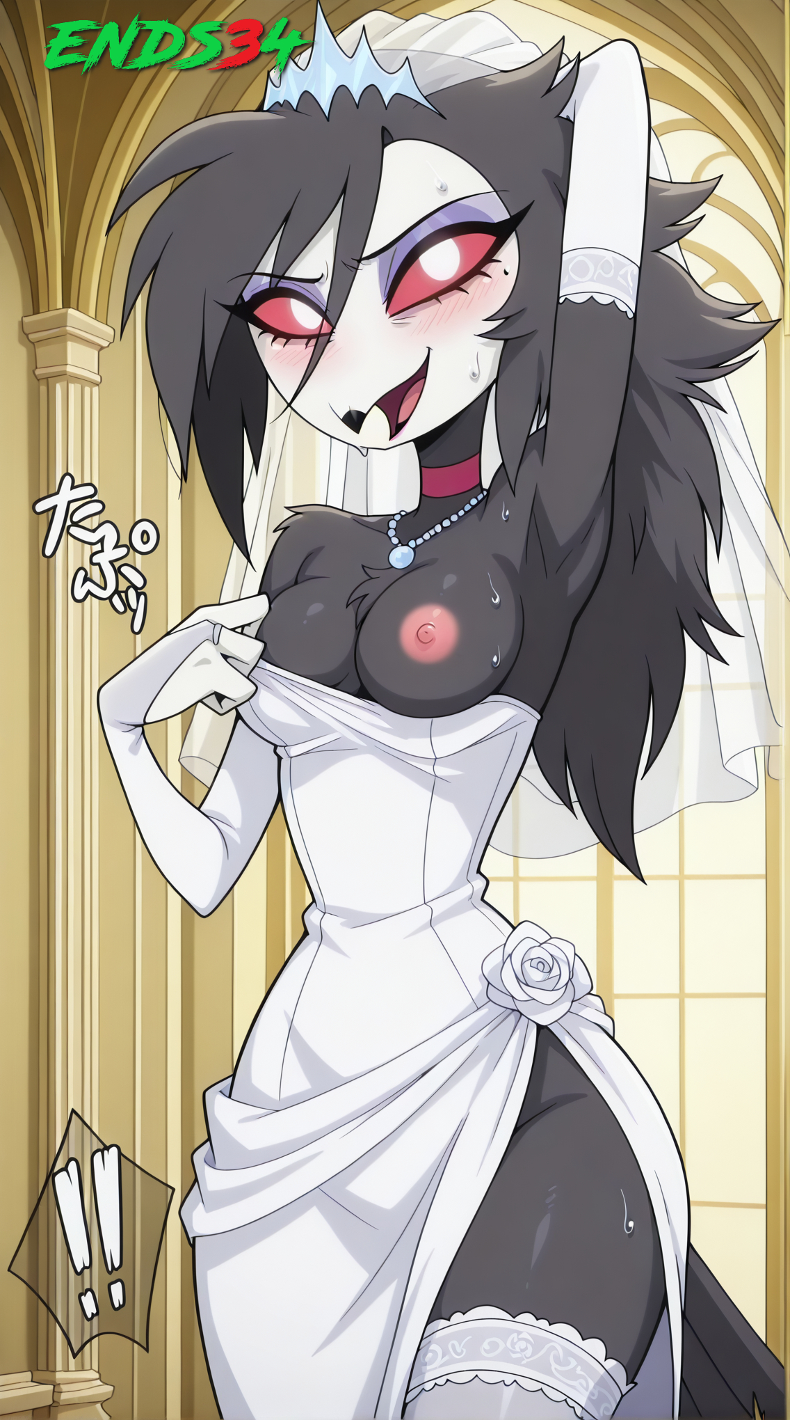 ai generated, armpits, breasts, dress, ends34, female, female only, furry female, helluva boss, medium breasts, octavia (helluva boss), one breast out, one breast out of clothes, pink eyes, show boobs, solo, stockings, wedding dress