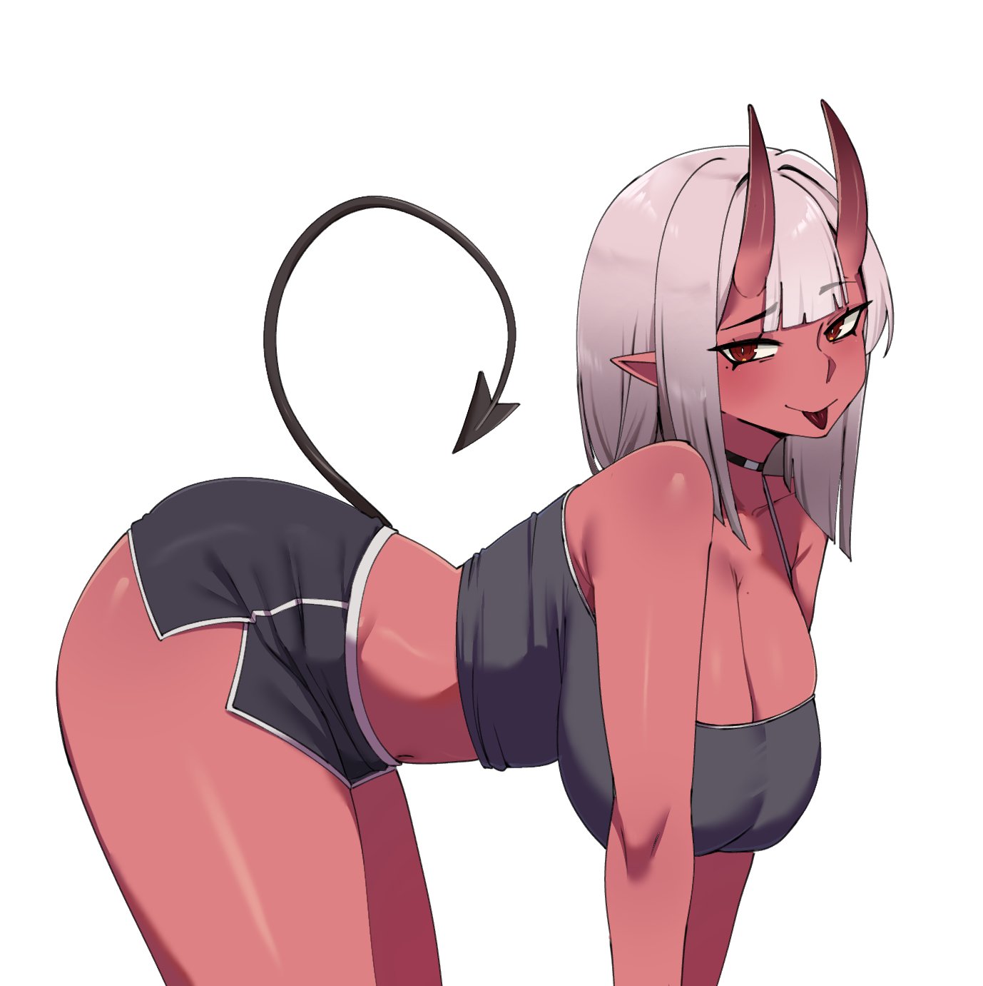 big ass, big breasts, big butt, big thighs, big titties, breasts, clothing, curvaceous, curvaceous female, curvaceous figure, curvy, curvy figure, curvy hips, demon, demon girl, demon horns, demon tail, female, female focus, female only, looking at viewer, original, original character, red skin, short hair, white hair, wozzu1