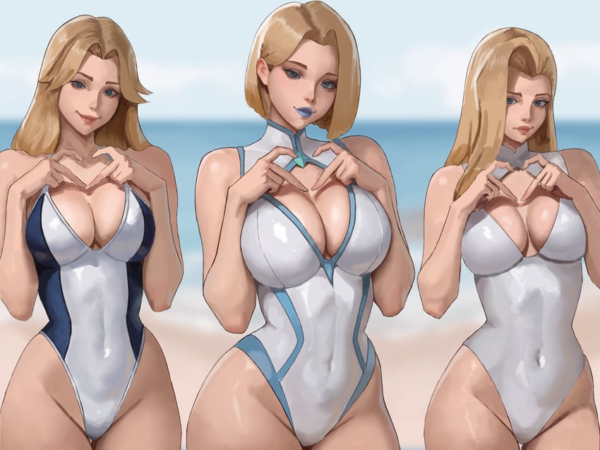 3girls, akinoshi, beach, blonde female, blonde hair, blue lips, blue trim, breasts, cleavage, cloak and dagger, color connection, covered navel, curvy female, curvy figure, dagger (marvel rivals), dagger (marvel), emma frost, emma frost (marvel rivals), fantastic four, female, hair color connection, heart, heart hands, highleg, highleg one-piece swimsuit, hips, invisible woman, invisible woman (marvel rivals), large breasts, light skin, light-skinned female, long hair, marvel, marvel comics, marvel rivals, mature female, medium hair, milf, multiple females, multiple girls, mutant (marvel), ocean, one-piece swimsuit, short hair, smile, sue storm, superheroine, swimsuit, tandy bowen, thighs, trait connection, white one-piece swimsuit, white queen, wide hips, x-men