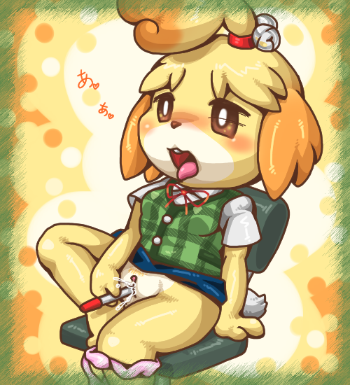 2015 animal_crossing blush box_xod heart isabelle_(animal_crossing) japanese_text nintendo open_mouth pen pussy text tongue video_games